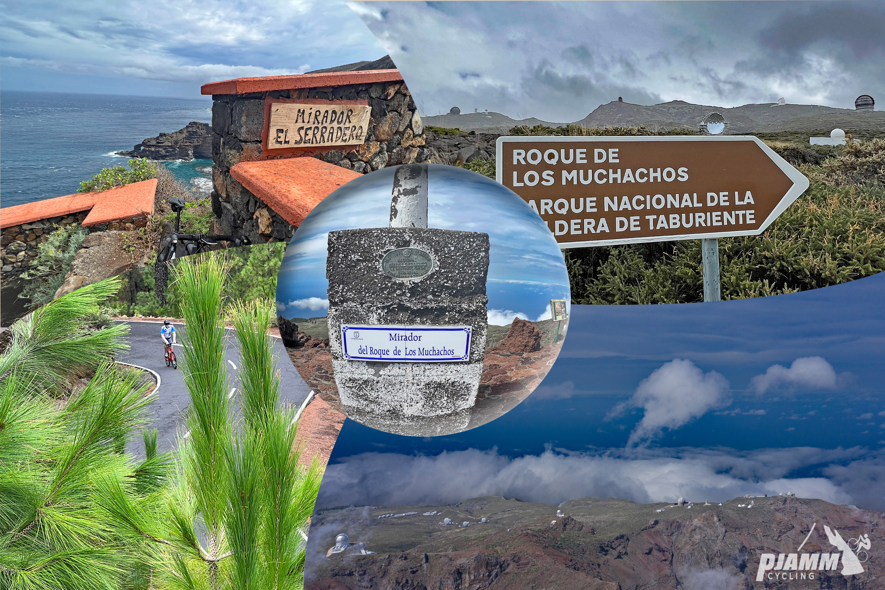 photo collage shows views of cliffs of Roque de los Muchachos, sign for Mirador el Serradero, sign for National park