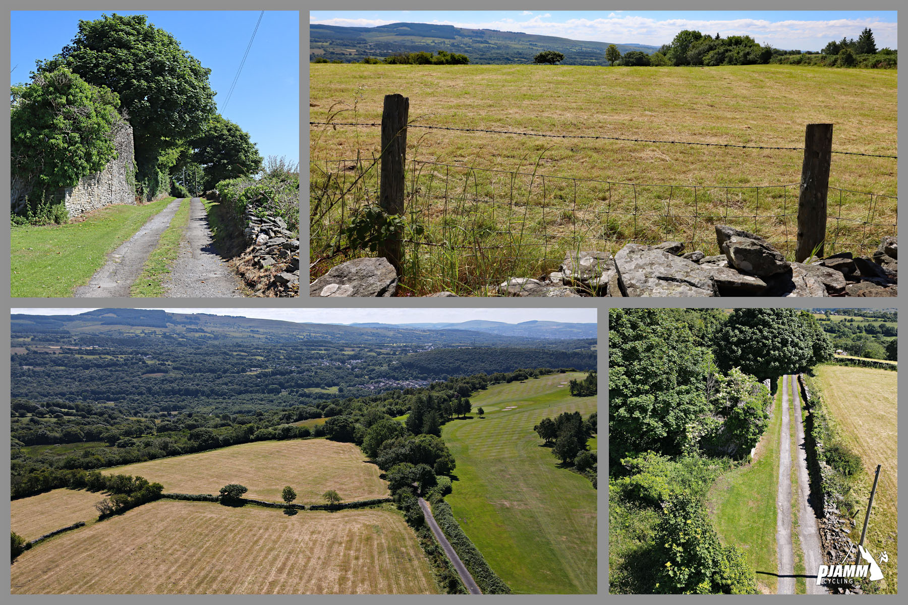 Cycling Llanguicke Road, Wales photo collage shows aerial drone views and street views of pastureland views for second half of climb