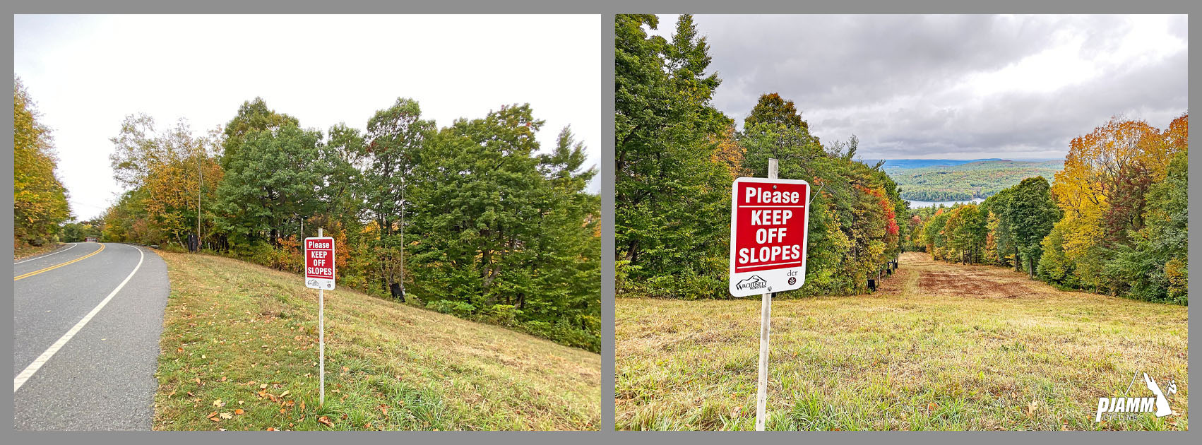 Cycling Wachusett Mountain East, Massachusetts Cycling Wachusett Mountain East, Massachusetts - sign reads "Please Keep Off Slopes"