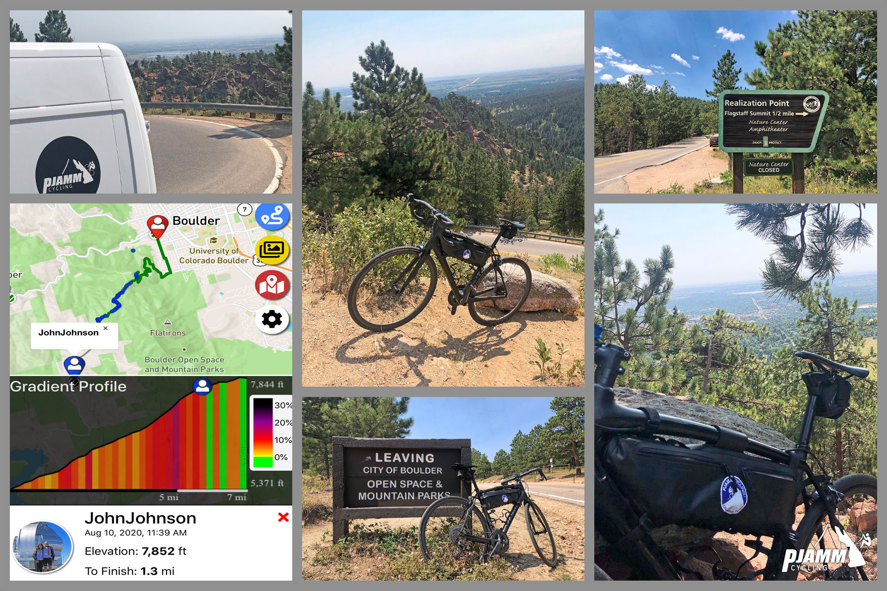 Cycling Flagstaff Road, Boulder, Colorado - photo collage, PJAMM Cycling logo in corner, PJAMM Cycling SAG van on roadway, climb gradient profile and map, bike parked against large stone overlooking mountainside, bike parked against sign reading "Leaving City of Boulder Open Space & Mountain Parks," sign along roadside for Realization Point of Flagstaff Summit