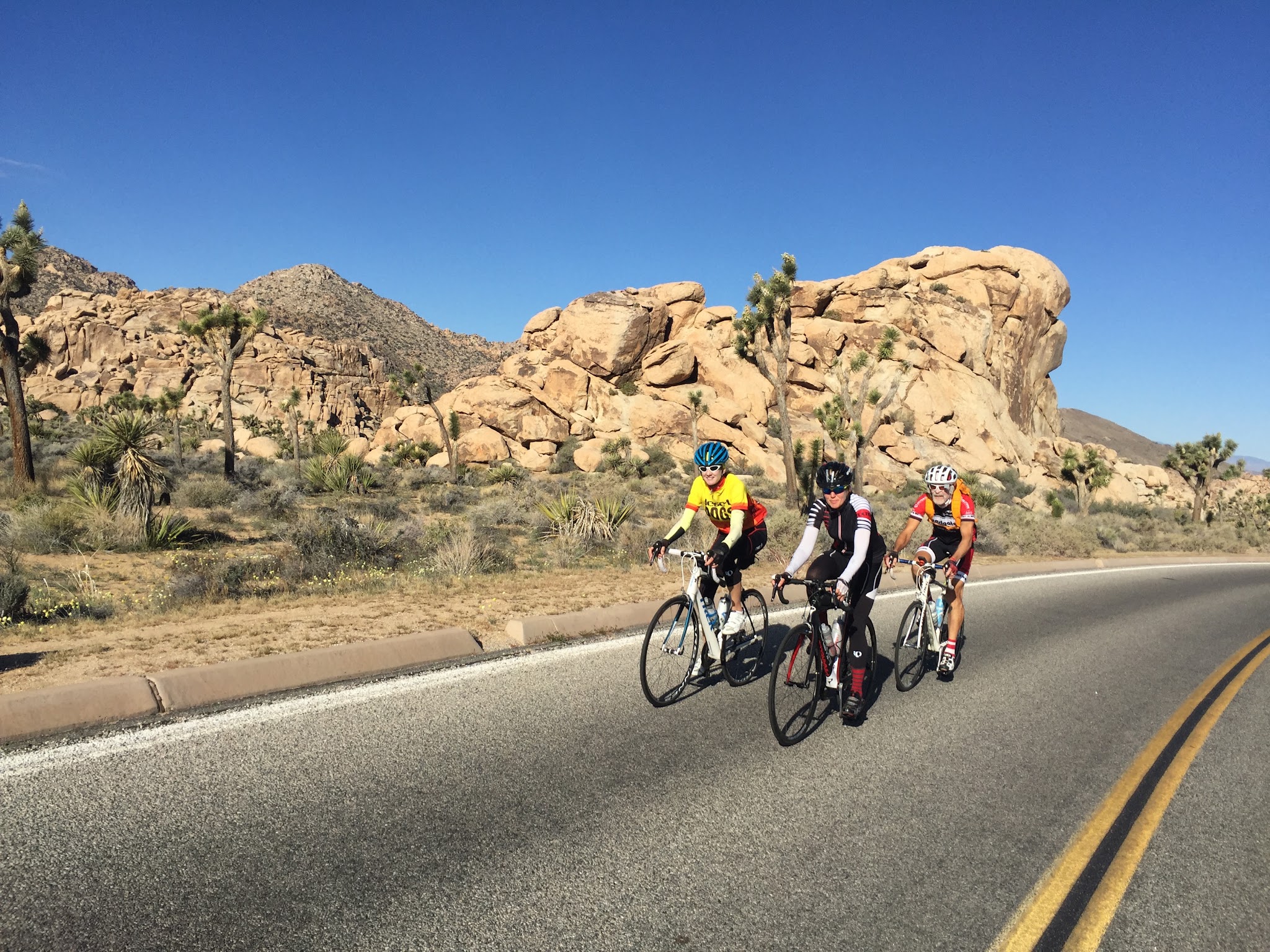 Cycling Joshua Tree National Park, California - three cyclists on roadway riding Keys View Road, large rock formations and Joshua Trees behind them