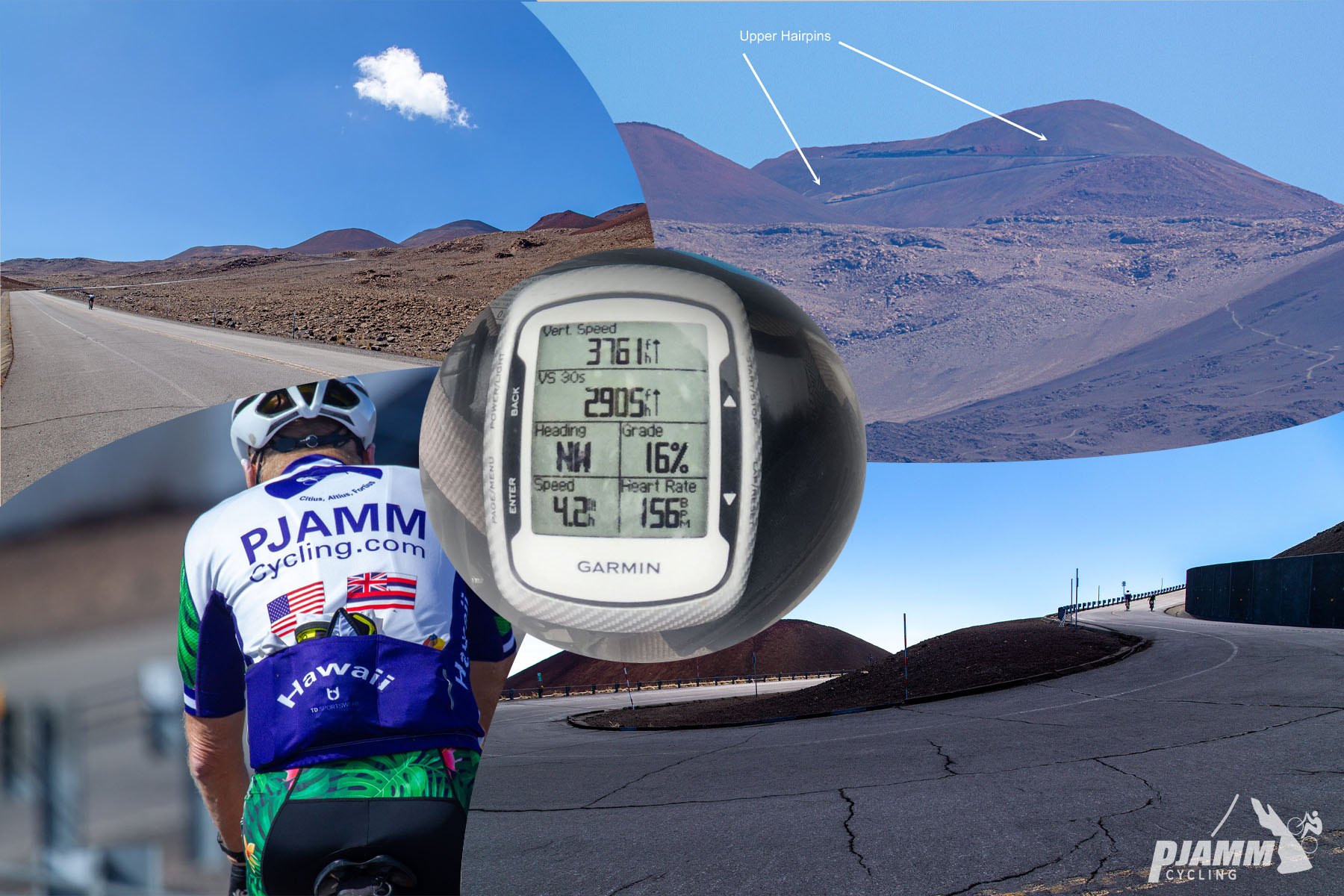photo collage shows PJAMM Cyclist on final segment of climb; Garmin reads 16%