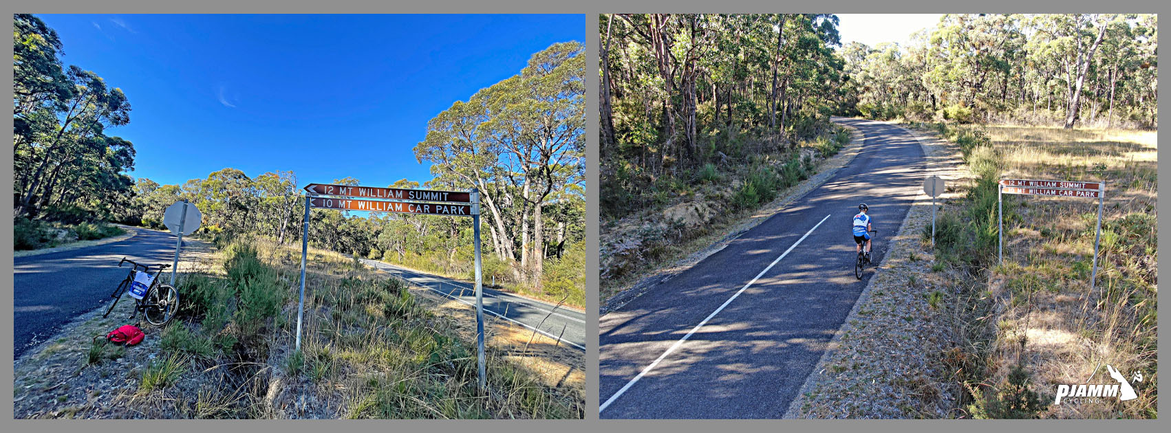 bike parked next to road signs for Mt. William Summit & Car Park; PJAMM Cyclist rides along two-lane roadway