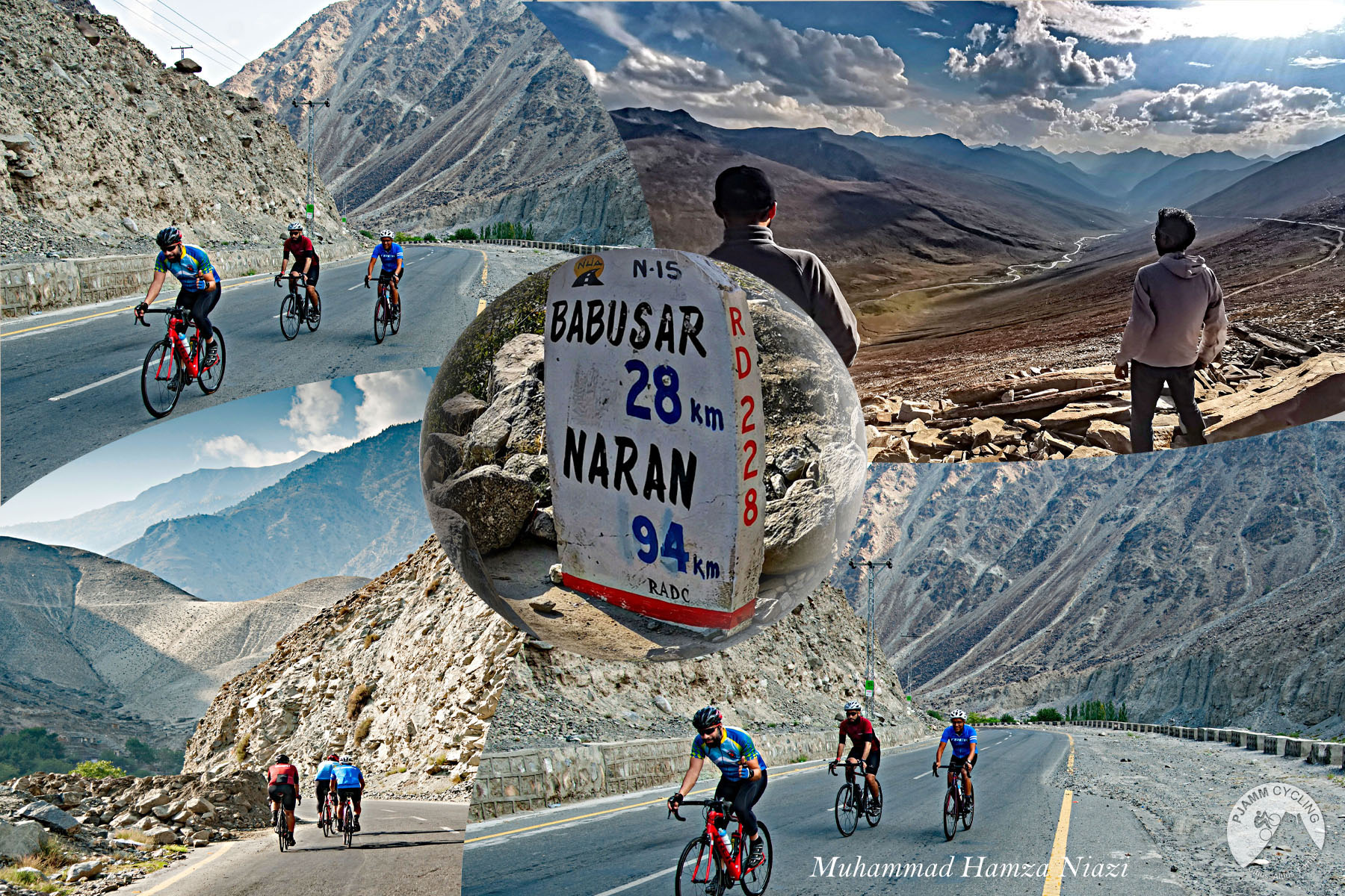 Chilas to Babusar, Pakistan - photo collage, Photos by Muhammad Hamza Niazi, PJAMM Cycling logo in corner, sign for Babusar, Naran, Cyclists climb on highway roadway in high desert landscape