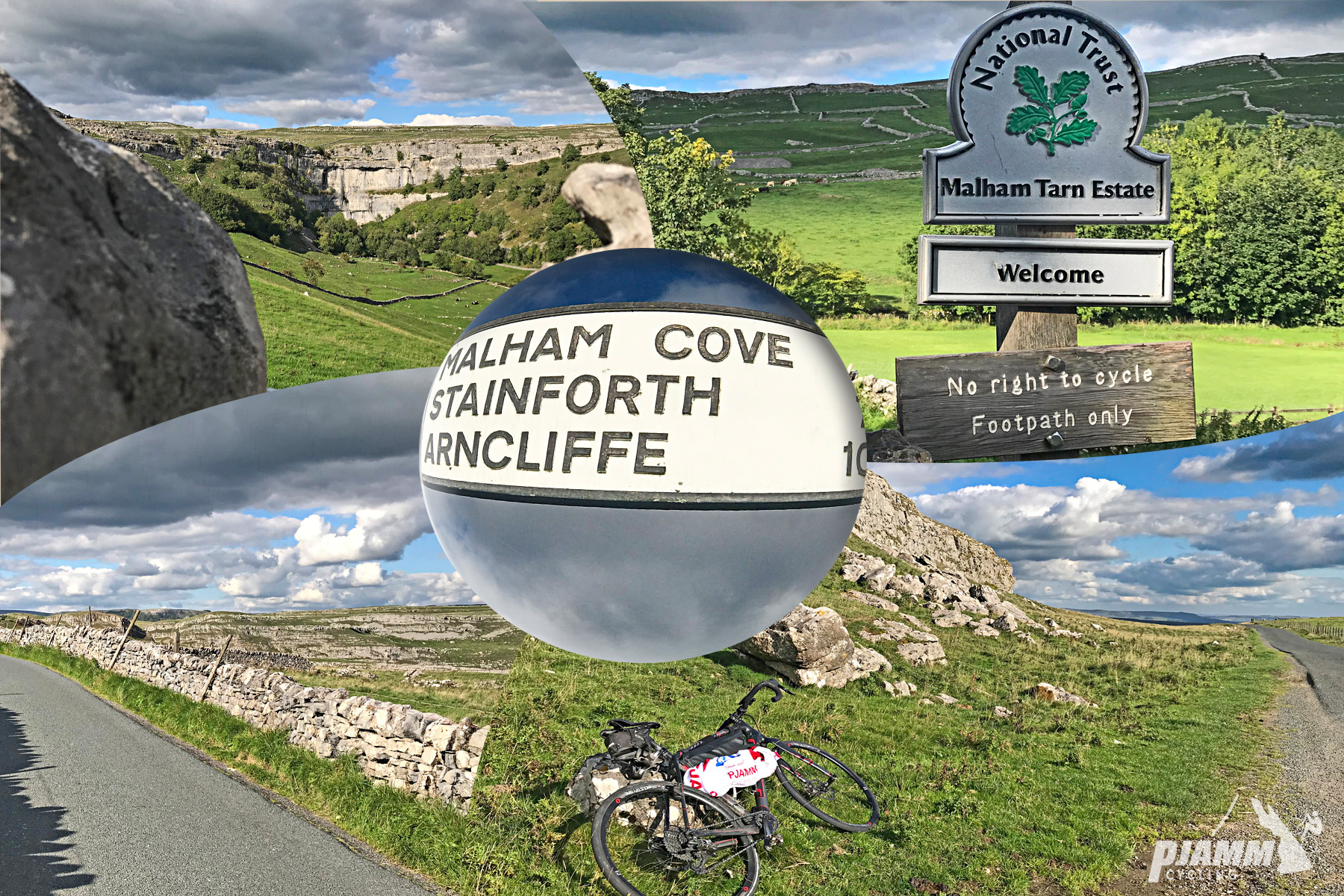 Cycling Malham Cove - pasturelands with limestone rock wall, National Trust sign for Malham Tarn Estate, street sign for Malham Cove, Stainforth, Barncliffe, bike parked in grass along side of road, PJAMM Cycling logo in corner