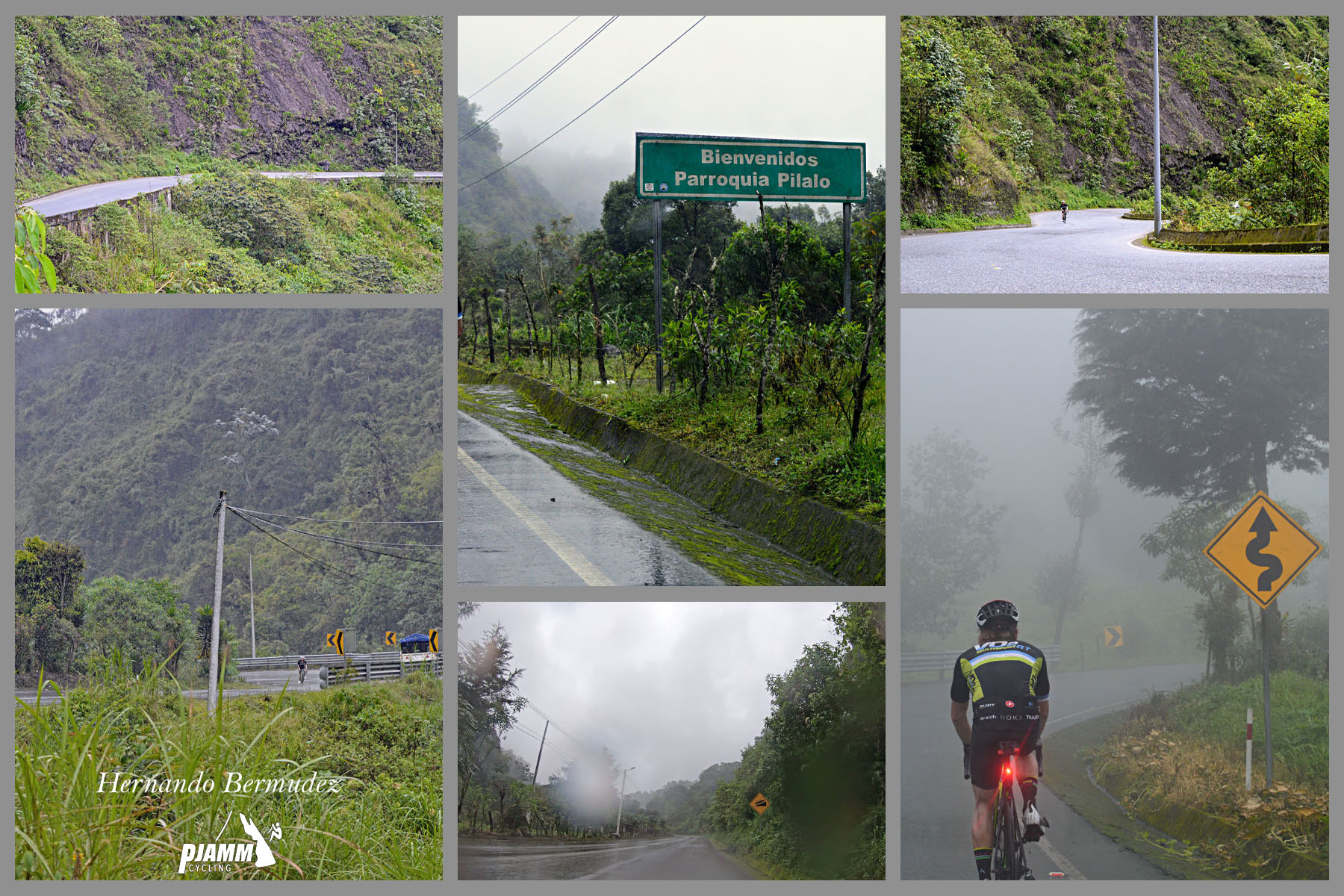 Cycling Apagua, Ecuador  - photo collage shows views along the climb; misty, foggy day in the green forested mountains