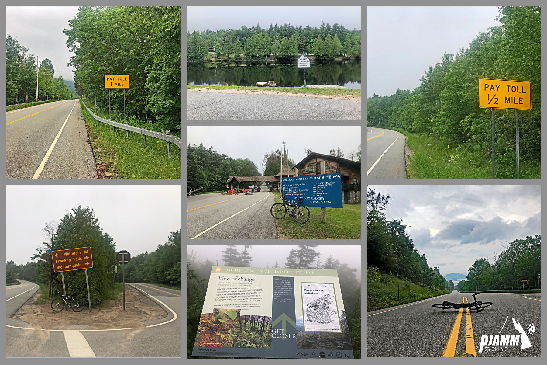 Cycling Whiteface Mountain - photo collage including long stretches of road surrounded by green forestation, a pond, brown barn buildings, street signs, a large "U" curve in the road, and a road bike lying in the center of a two lane road, PJAMM Cycling logo in corner