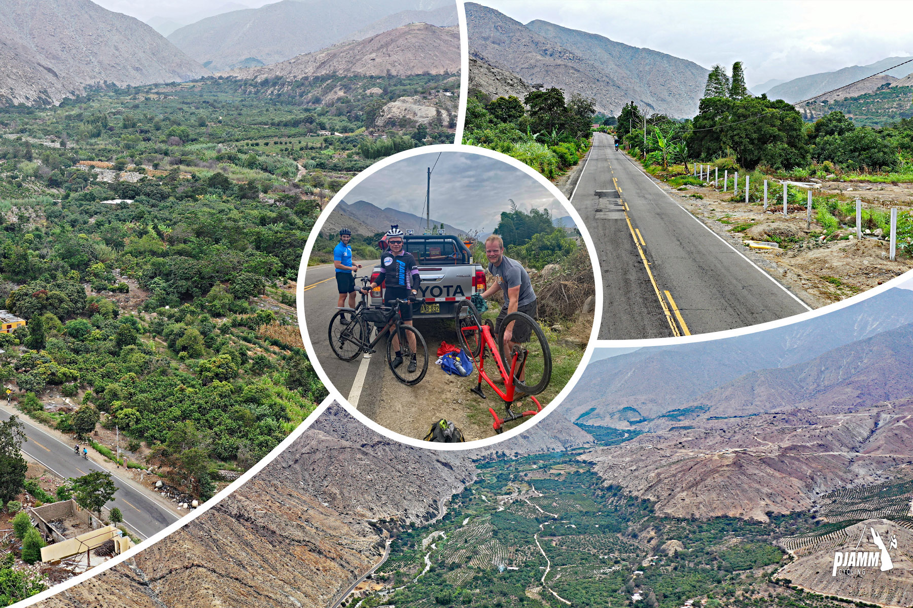 Cycling Punta Callan East, Peru - photo collage shows PJAMM Cycling members unloading bikes at the start of the Punta Callan East bike climb