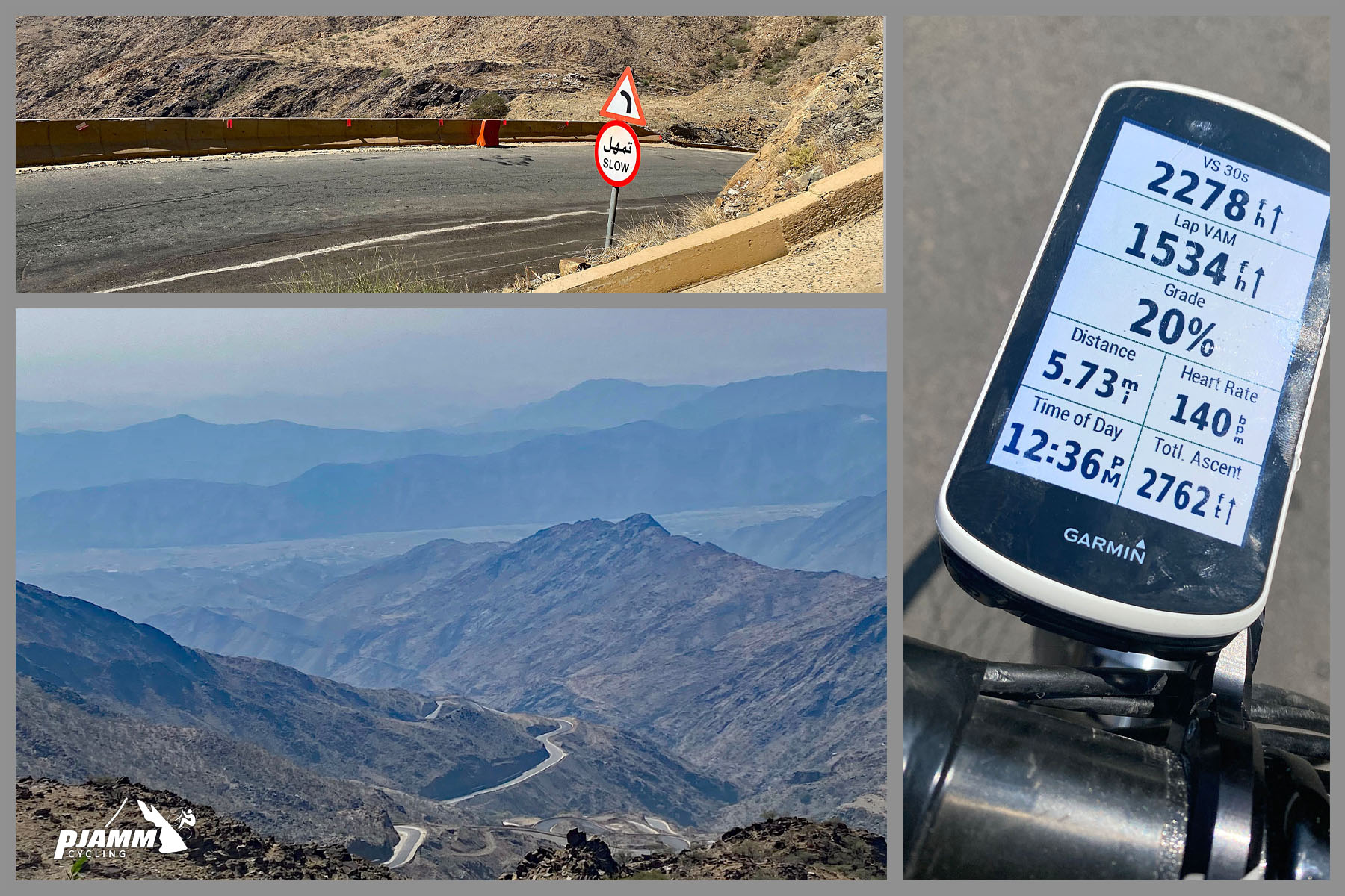 Cycling Beth-rah Pass, Asir Mountains, Saudi Arabia - photo collage, Garmin showing 20% grade, view looking down at roadway carved into Asir mountainsides from above, sign for steep grade and sharp turn, PJAMM Cycling logo in corner