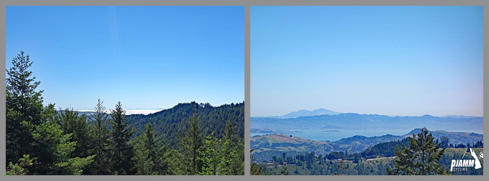 Cycling Mt. Tamalpais from Panoramic Highway South Cycling Mt. Tamalpais from Panoramic Highway South - photo collage, PJAMM Cycling logo in corner, views from peak overlooking evergreen trees and ridgleines