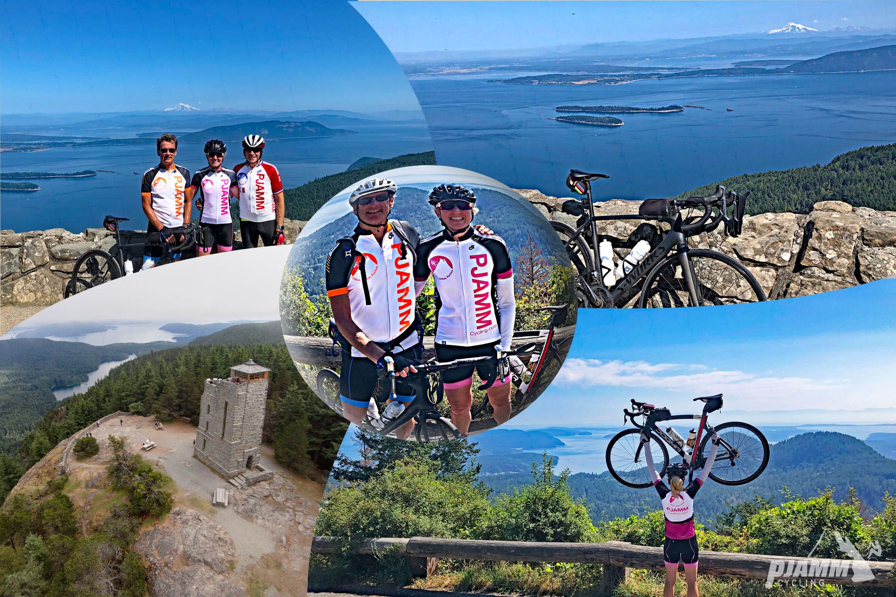 Cycling Mt. Constitution, Washington - photo collage, PJAMM Cyclists stand at summit of Mt. Constitution and pose with their bikes, aerial drone view of observation tower at climb's summit, PJAMM Cycling logo in corner