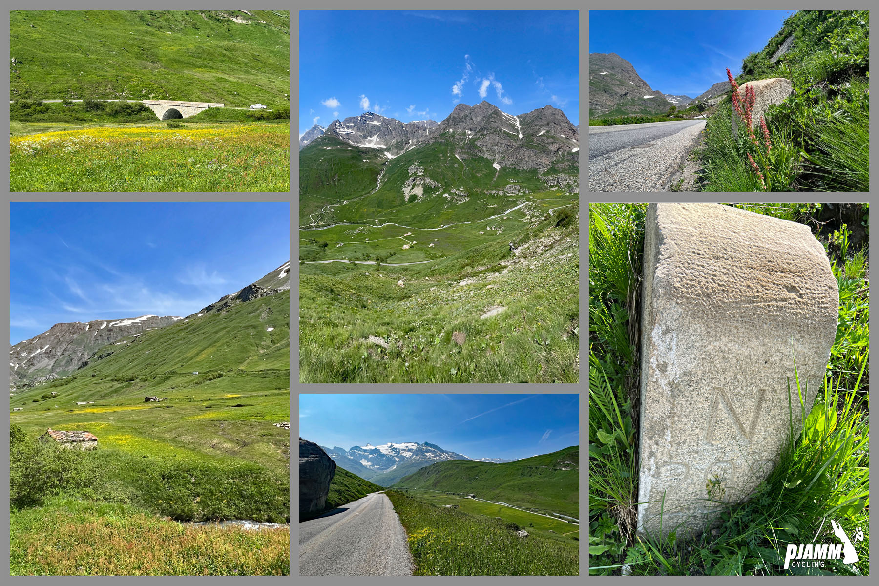Col de L'Iseran from Bonneval-sur-Arc: green hillsides with yellow wildflowers, stone markers nestled into grass 