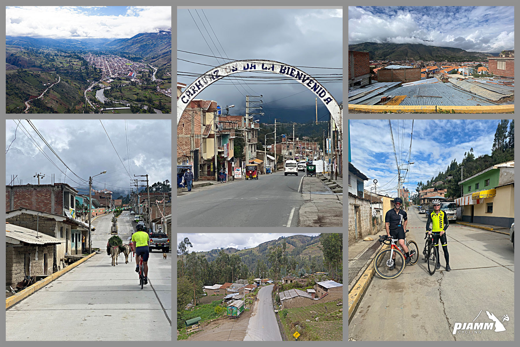 Photo collage shows Carhuaz, Peru, climb start, large white sign over roadway, cyclist rides behind donkeys on road in town