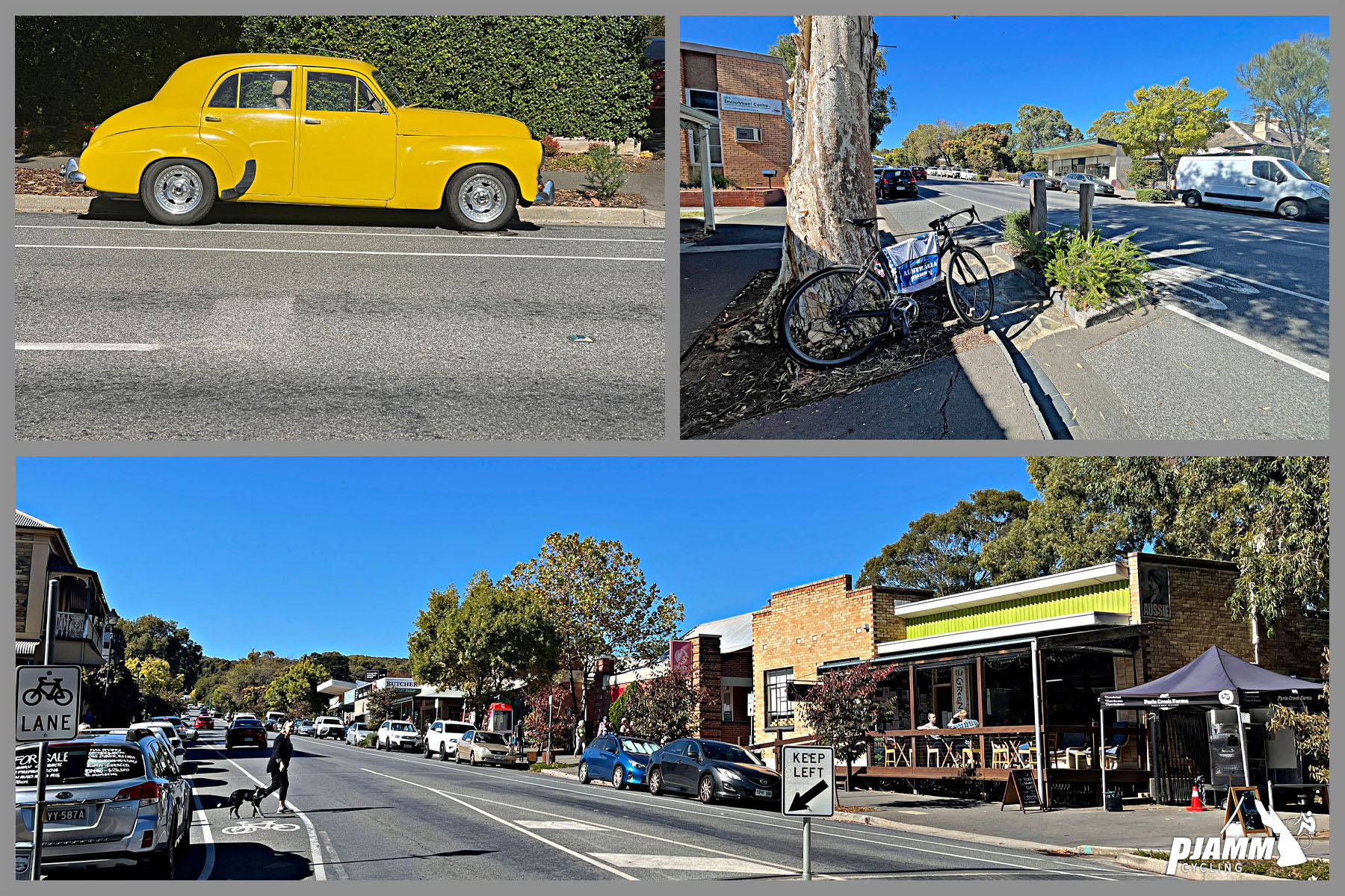 Cycling Old Willunga Hill Road, South Australia climb start, town of Willunga; bright yellow old car, downtown shops