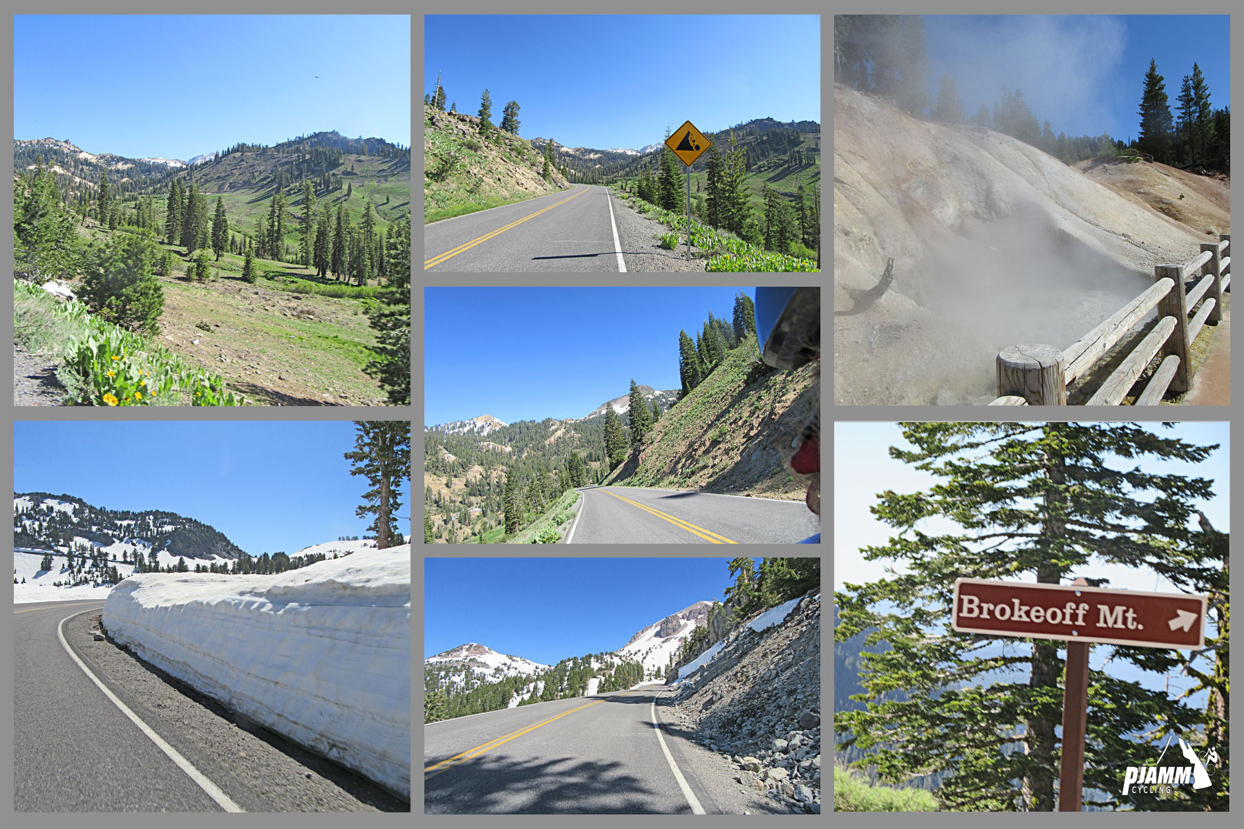 Cycling Mt. Lassen South - photo collage, PJAMM Cycling logo in corner, snow-lined roadway, stretches of straight roadway, sign for Brokeoff Mountain
