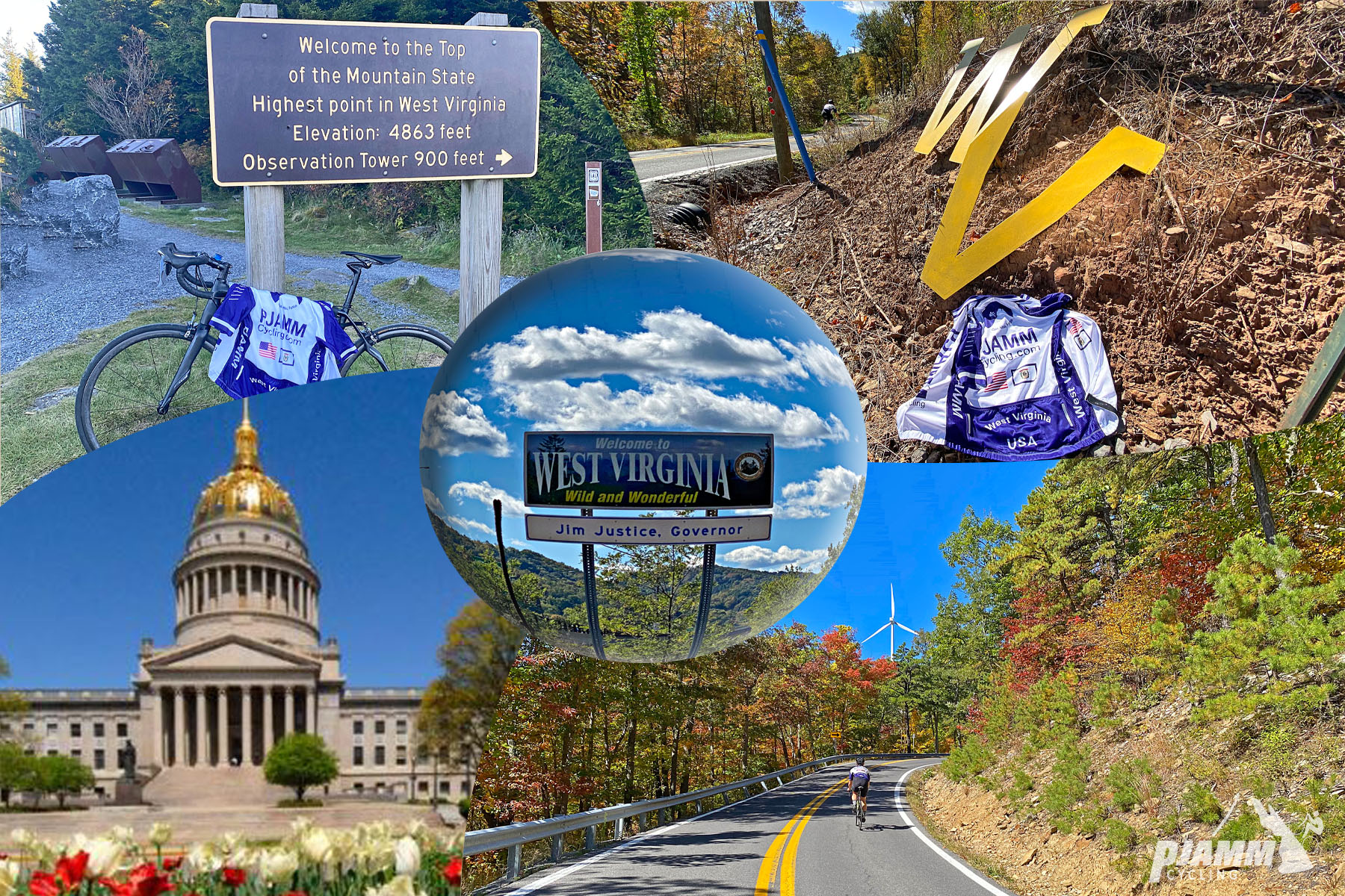 Cycling West Virginia - photo collage, sign for West Virginia, state capitol, cyclist riding on bike toward windmill,  PJAMM Cycling logo in corner