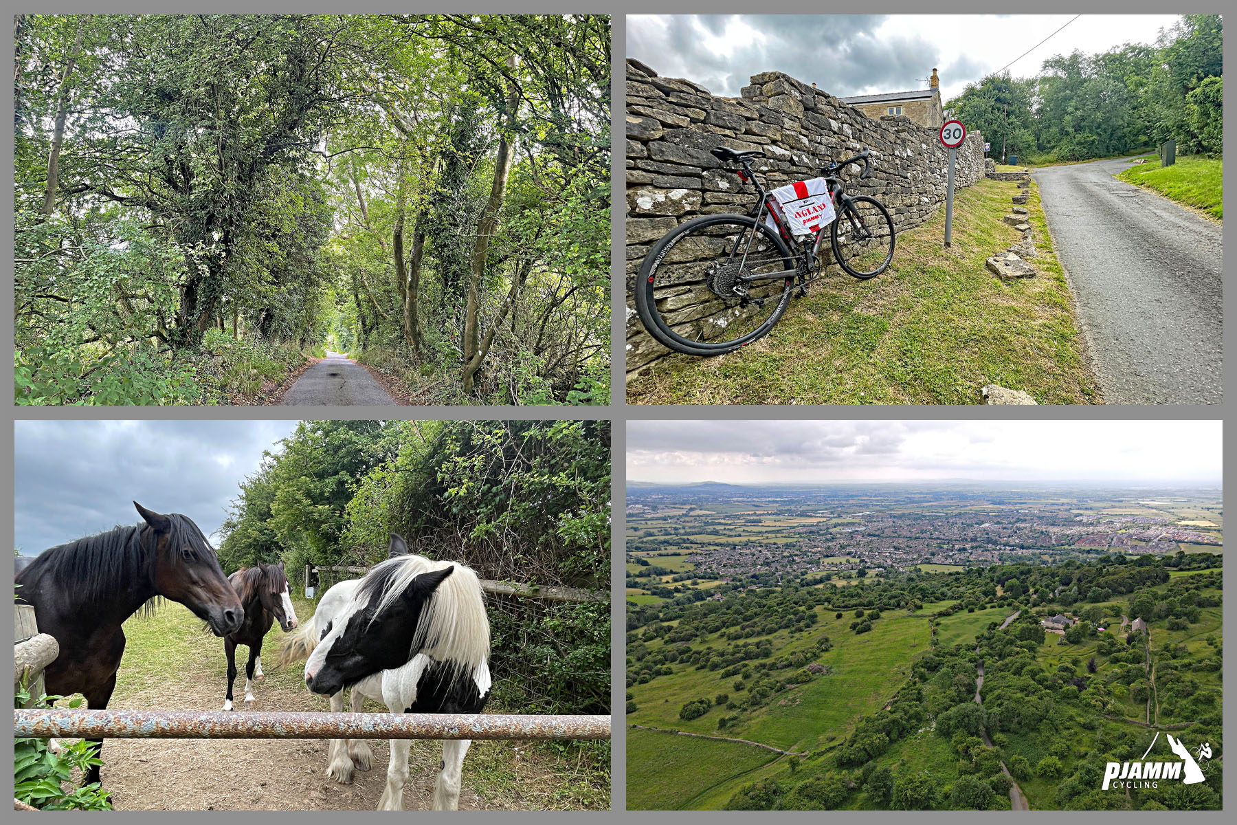 photo collage shows view of narrow roadway canopied by trees; ponies in field along roadside, aerial drone view of the top of the climb looking back down to Bishop's Cleeve