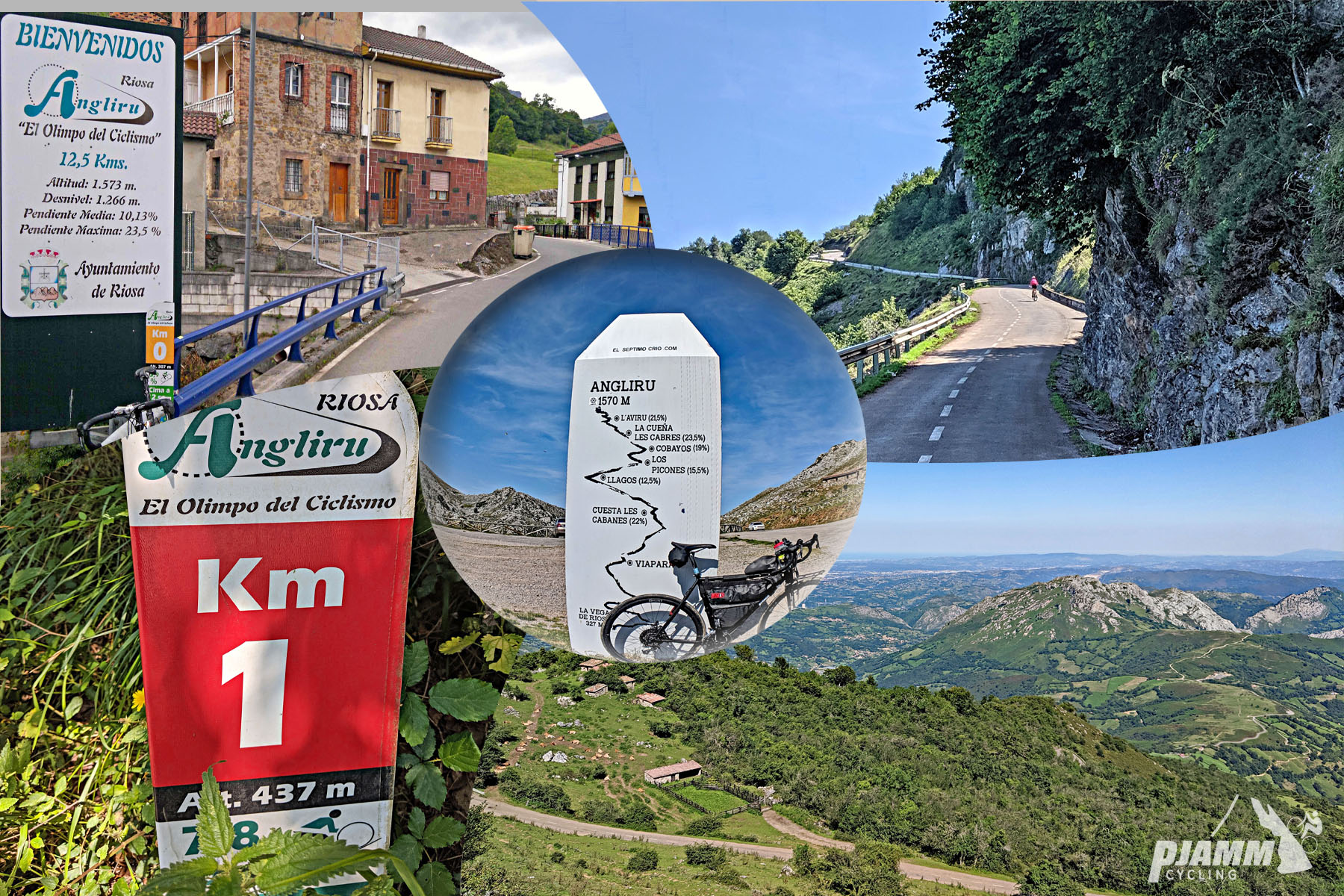 Cycling Alto de l'Angliru, Spain - photo collage, bike parked in front of large white stone map for Anglirue mountain, cyclist rides on two-lane roadway on mountainside, sign for KM1, panoramic view looking down mountainside, PJAMM Cycling logo in corner