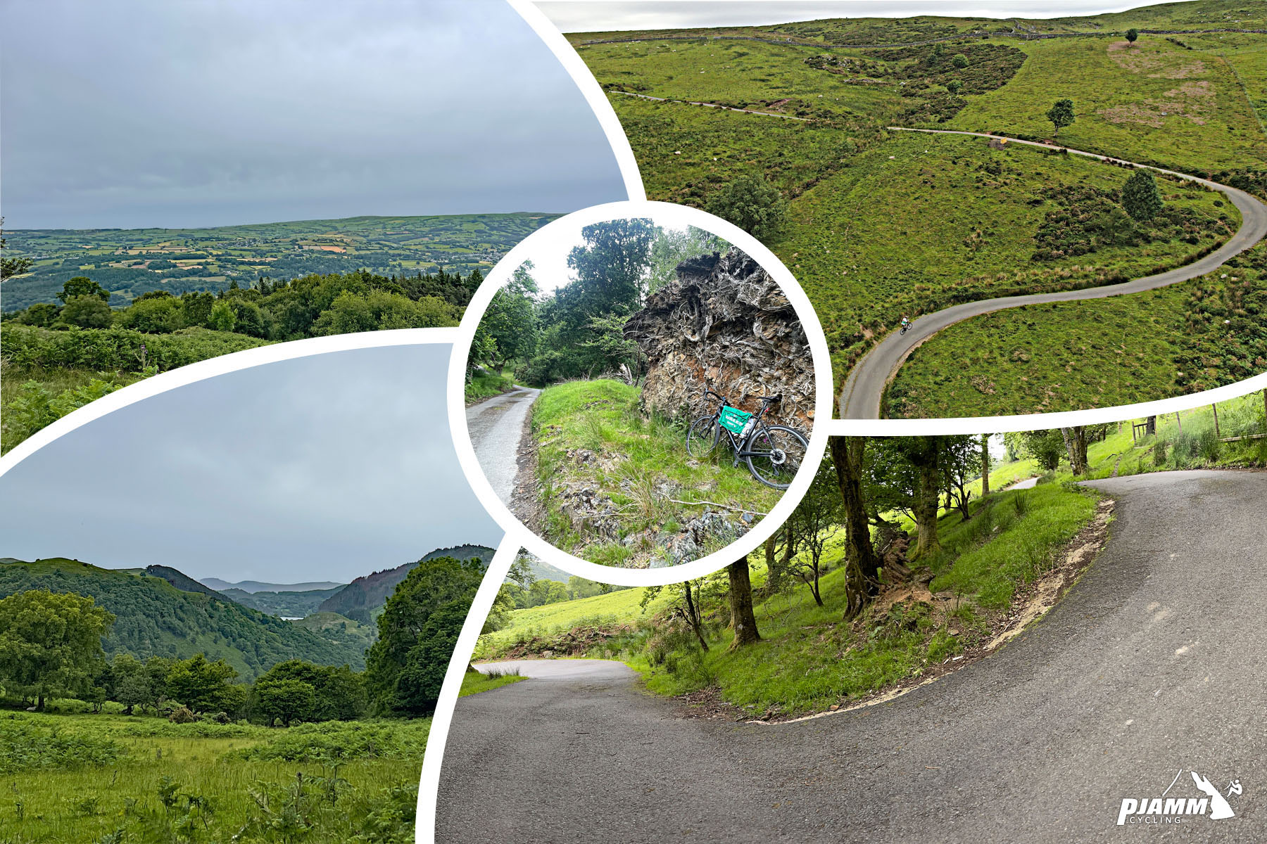 photo collage shows views of extremely steep switchbacks, forested roadway, aerial drone view of road winding up green hillsides