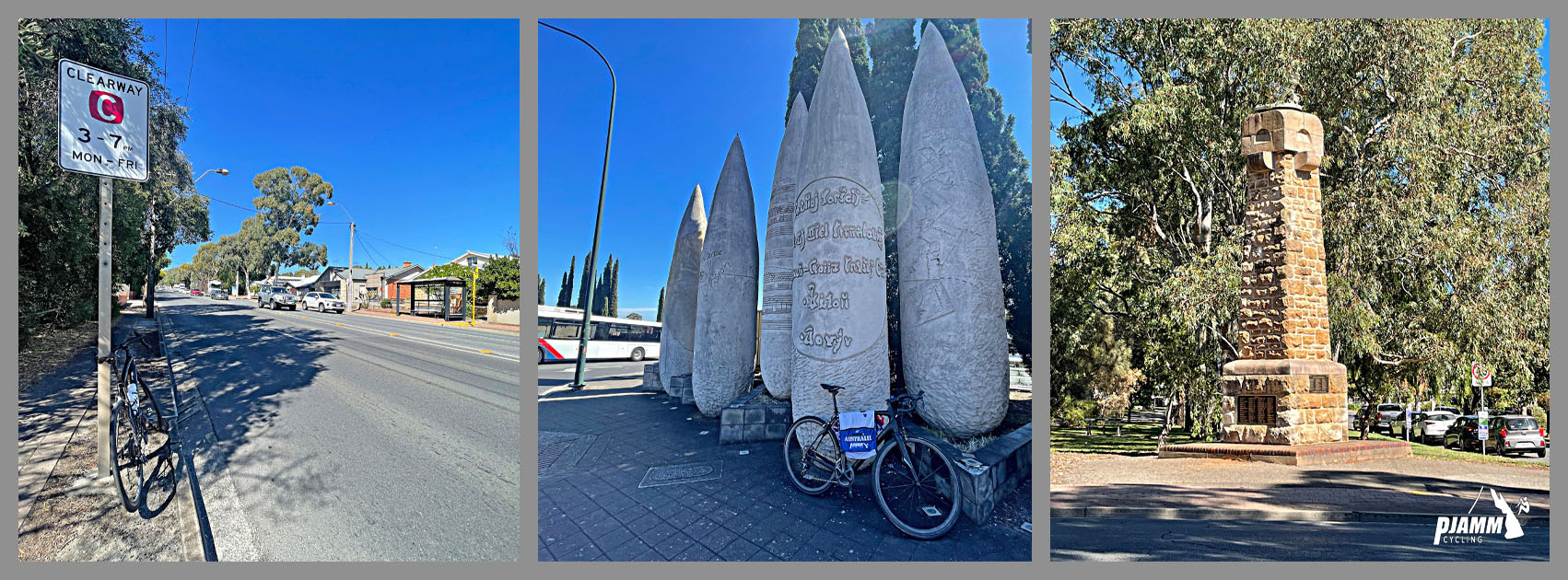 photo collage shows bike parked in front of different road signs and different statues and art