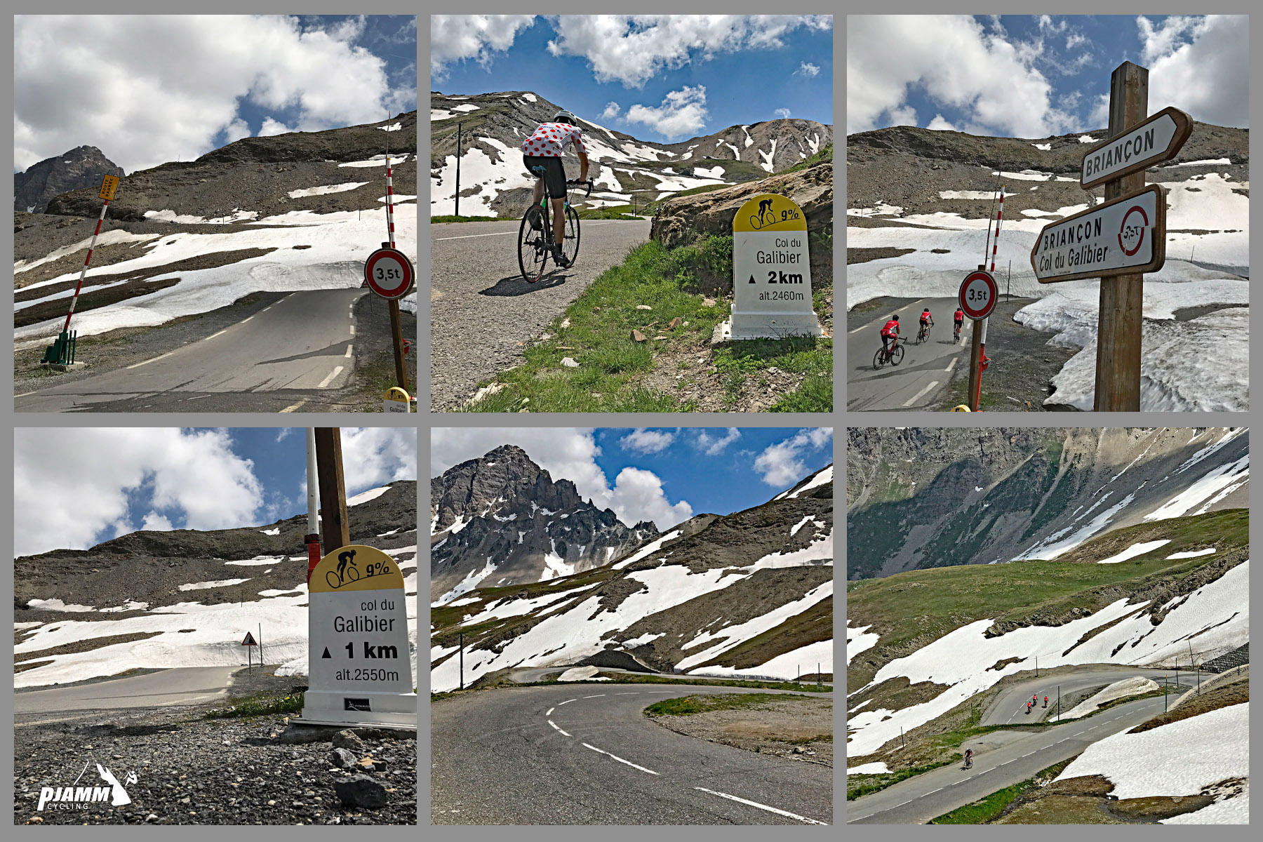 Cycling Col du Galibier & Telegraphe: photo collage shows PJAMM Cyclists riding toward snow capped mountain peaks, KM marker signs for Galibier