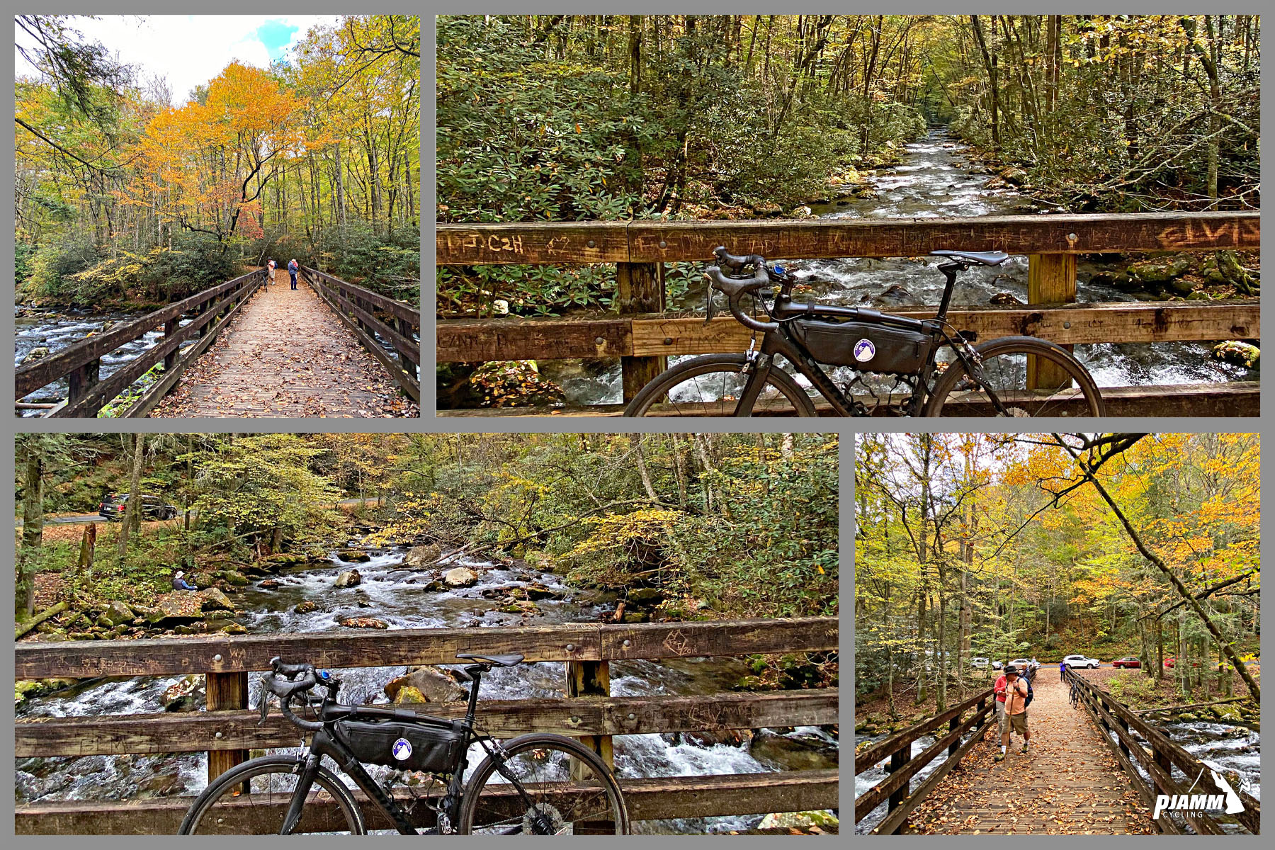 Cycling Clingmans Dome, North Carolina - photo collage, bike parked at various points along the Oconaluftee River