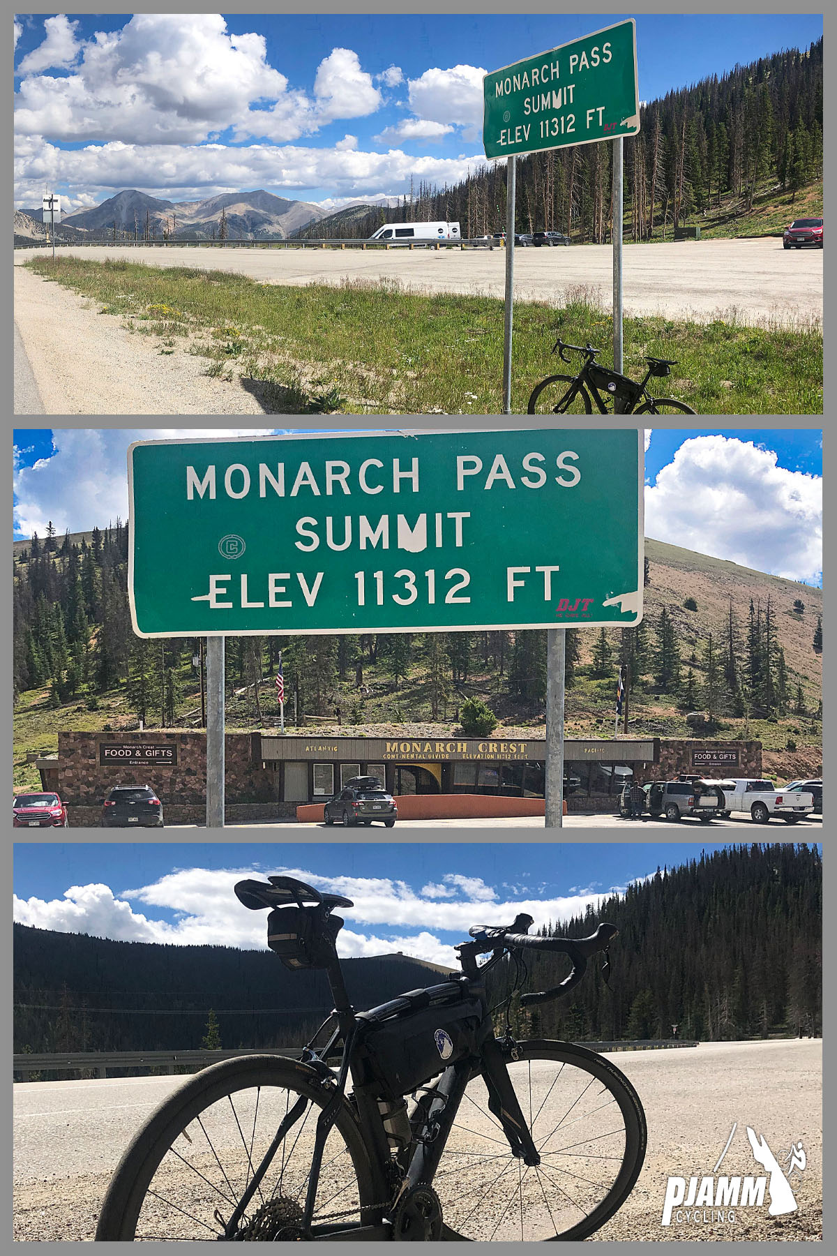 Cycling Monarch Pass East, Colorado - photo collage, PJAMM Cycling logo in corner, signs for Monarch Pass Summit, Elevation 11,312 Feet, bike parked along roadside near evergreen trees