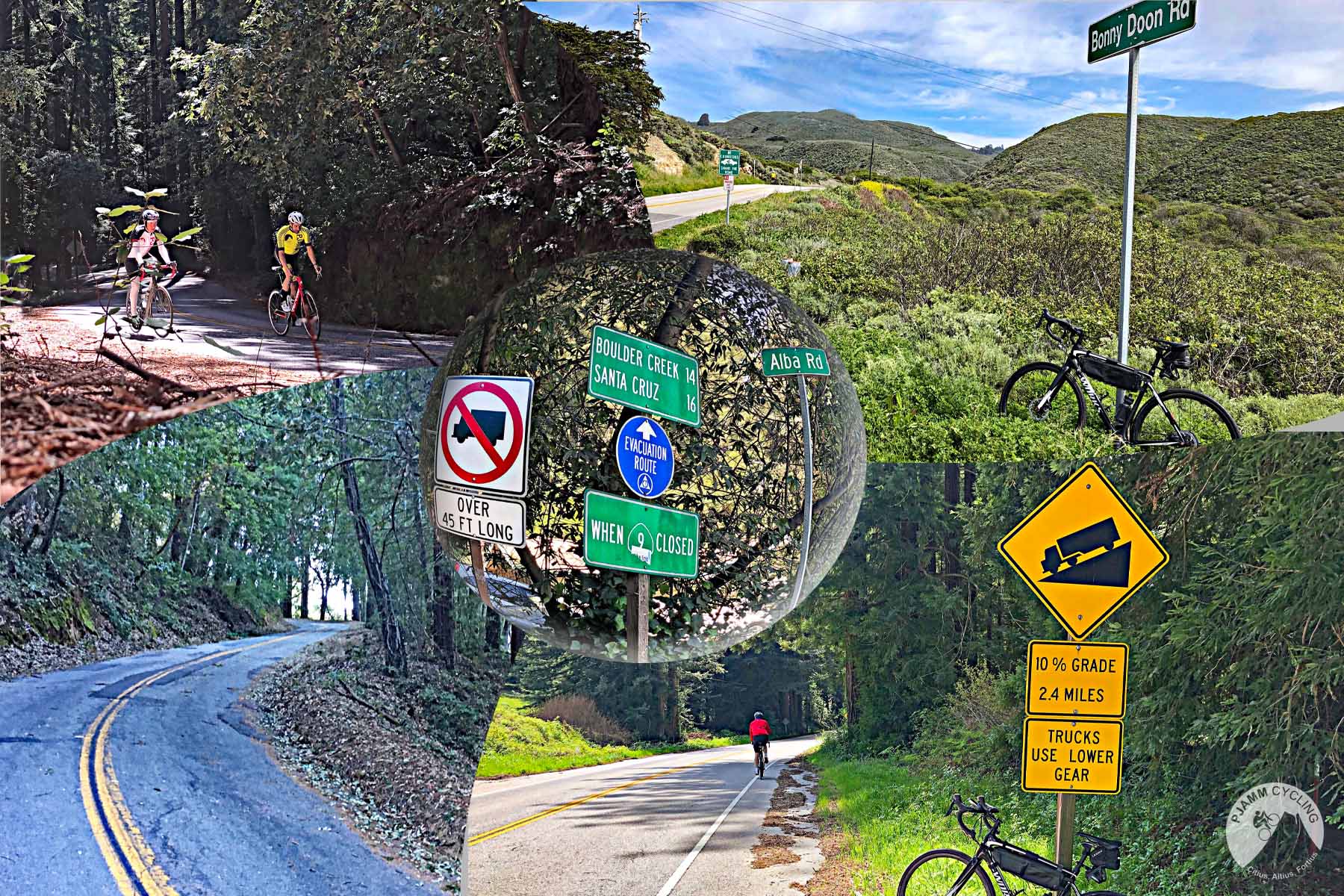 Cycling Santa Cruz County - photo collage, cyclists riding under redwood trees, street sign for Bonny Doon Road, lush greenery, curved road, 10% grade street sign