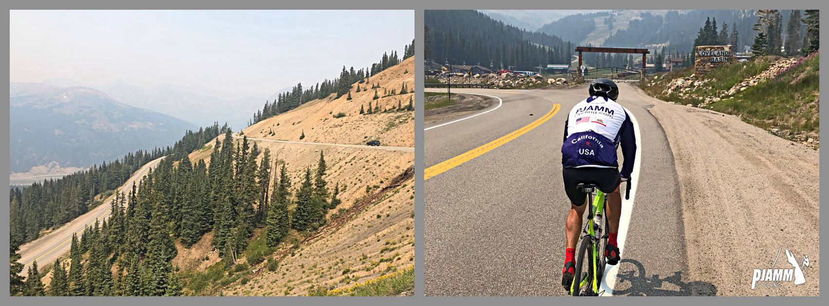 Cycling Loveland Pass from Georgetown - view from distance of roadway along mountainside, pine trees, cyclist climbing along roadway, PJAMM cycling jersey, PJAMM Cycling logo in corner