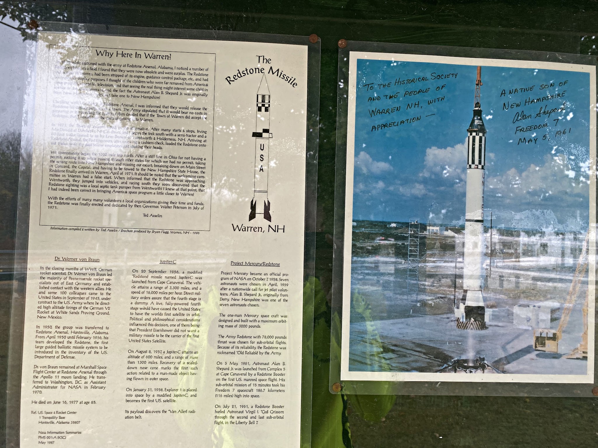 Cycling Route 118 South, New Hampshire  - signed photo of and informational sign about Redstone Ballistic missle