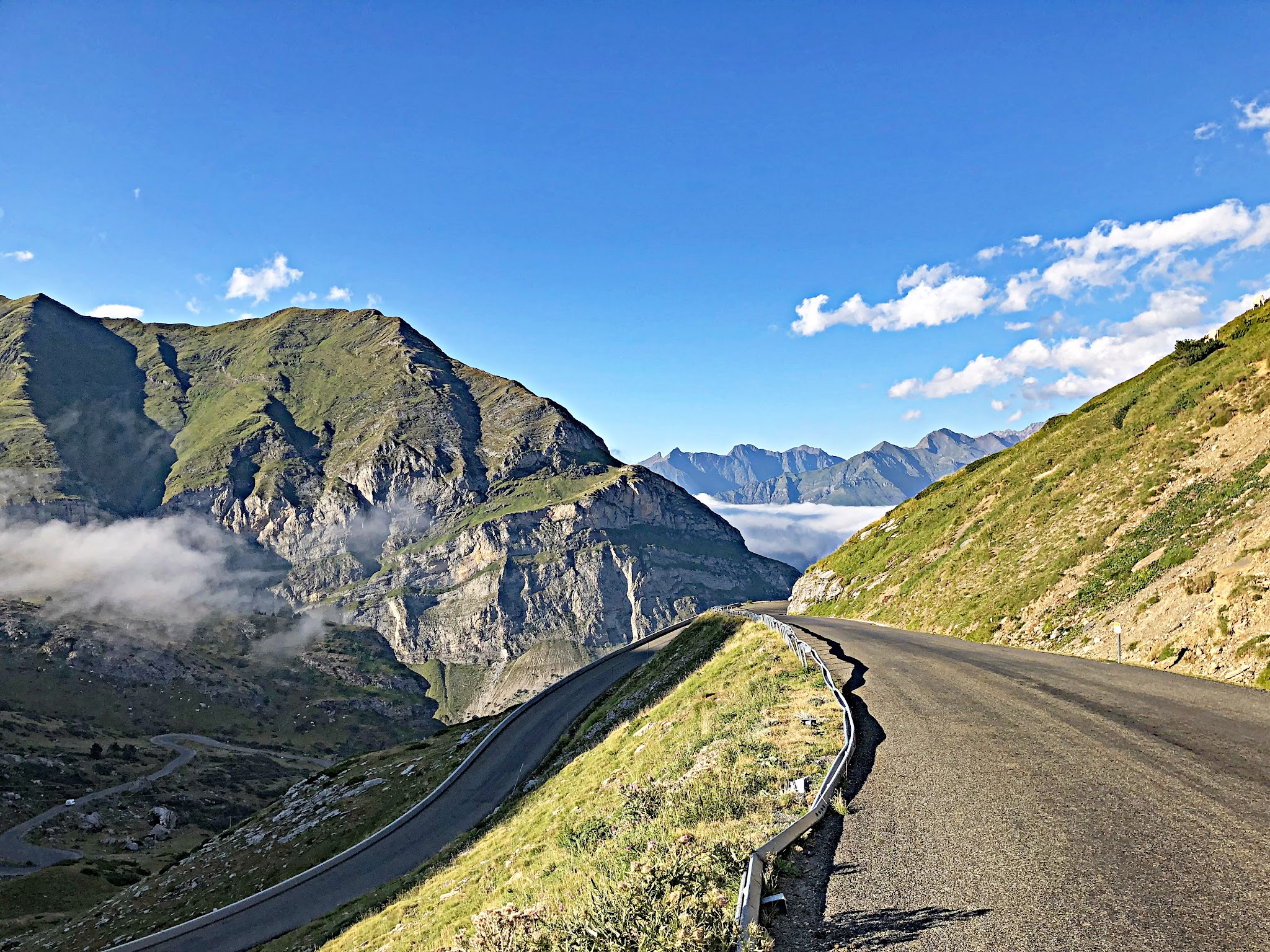 Cycling Col d'Aubisque  from Argeles Gazost - aerial drone photo from ravine of roadway and tunnel