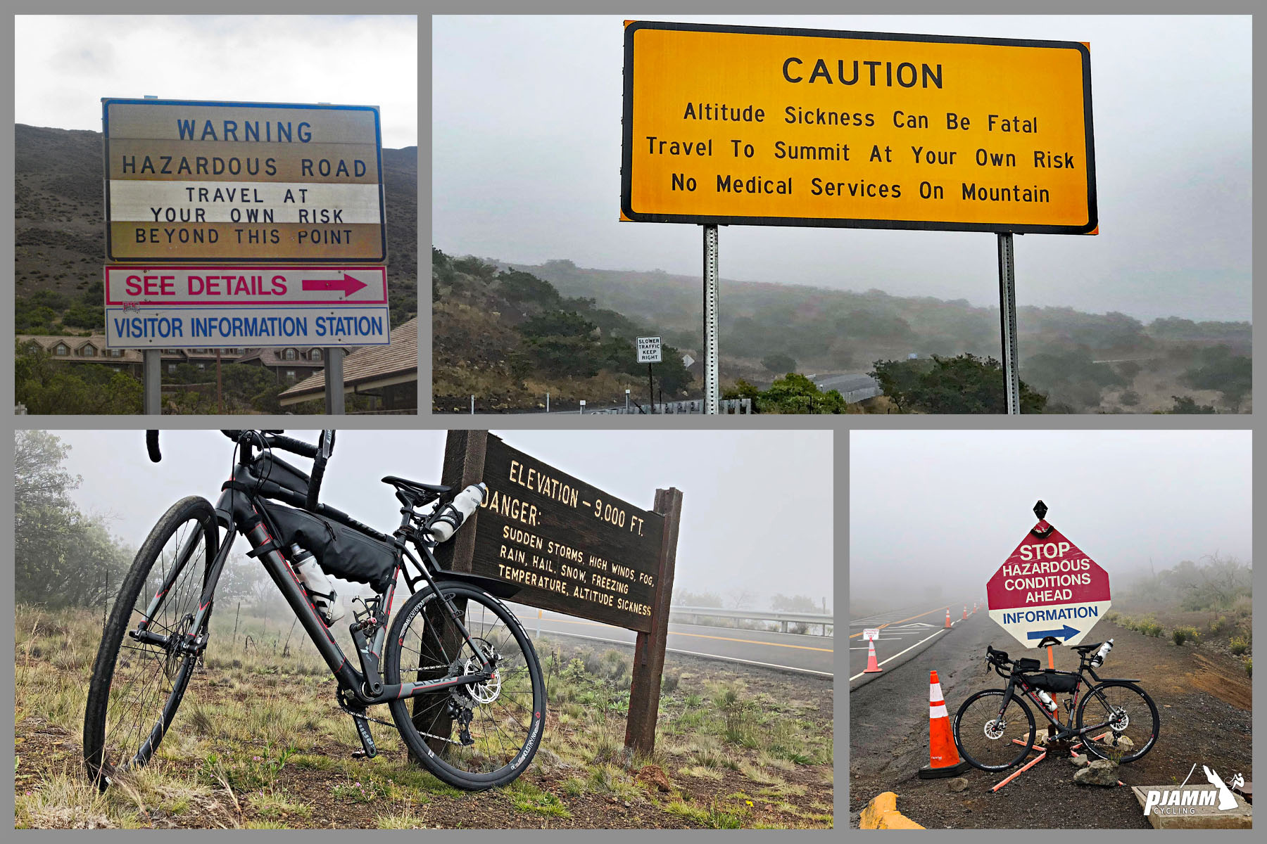 photo collage highlights warning signs along climb route