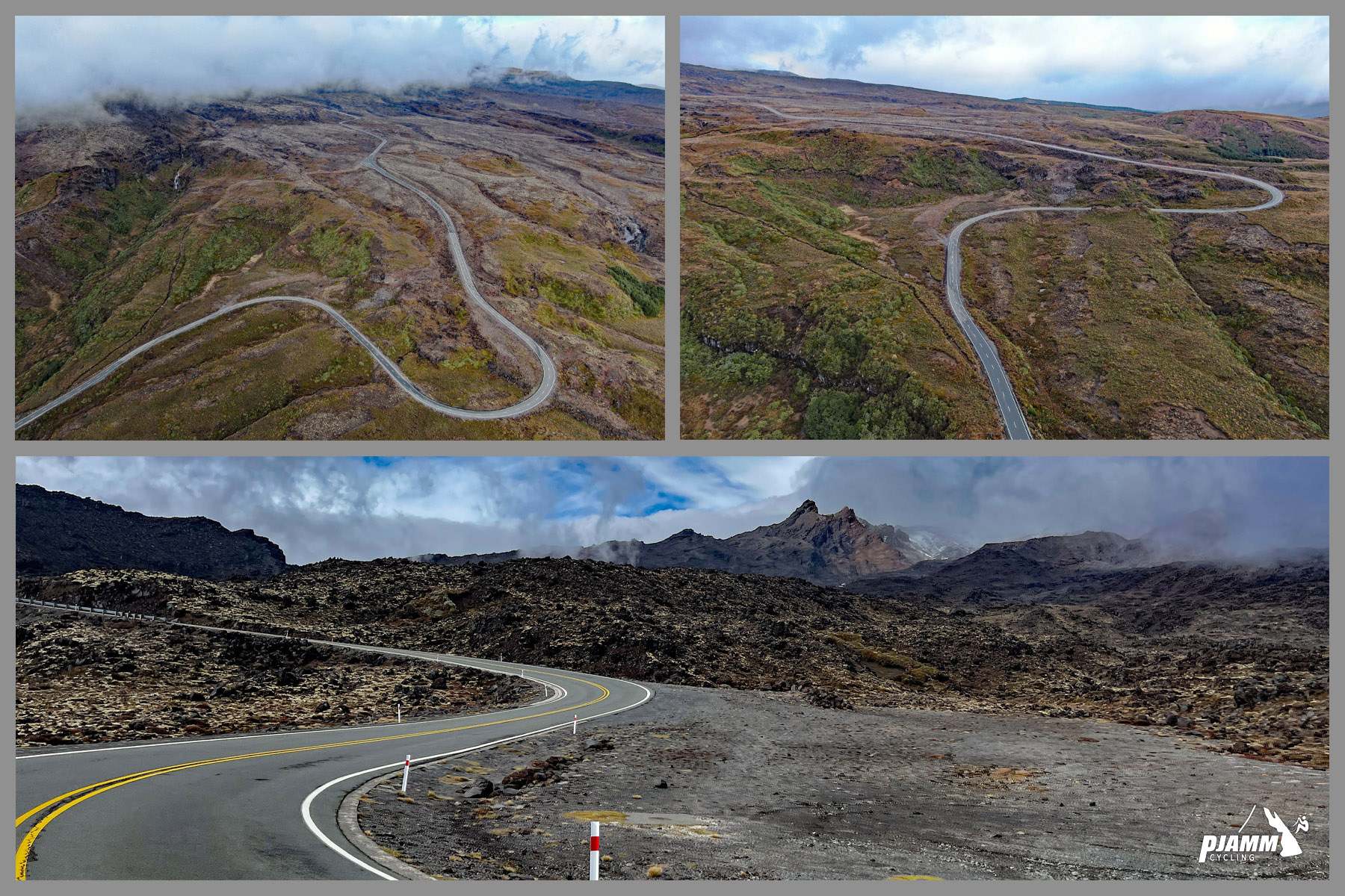 Climbing Ruapehu Ski Area, New Zealand aerial drone view of three hairpin curves on route