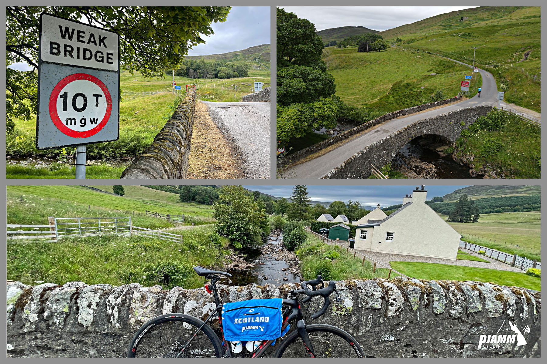photo collage at climb start: sign for Weak Bridge, bike parked on old stone bridge crossing small creek