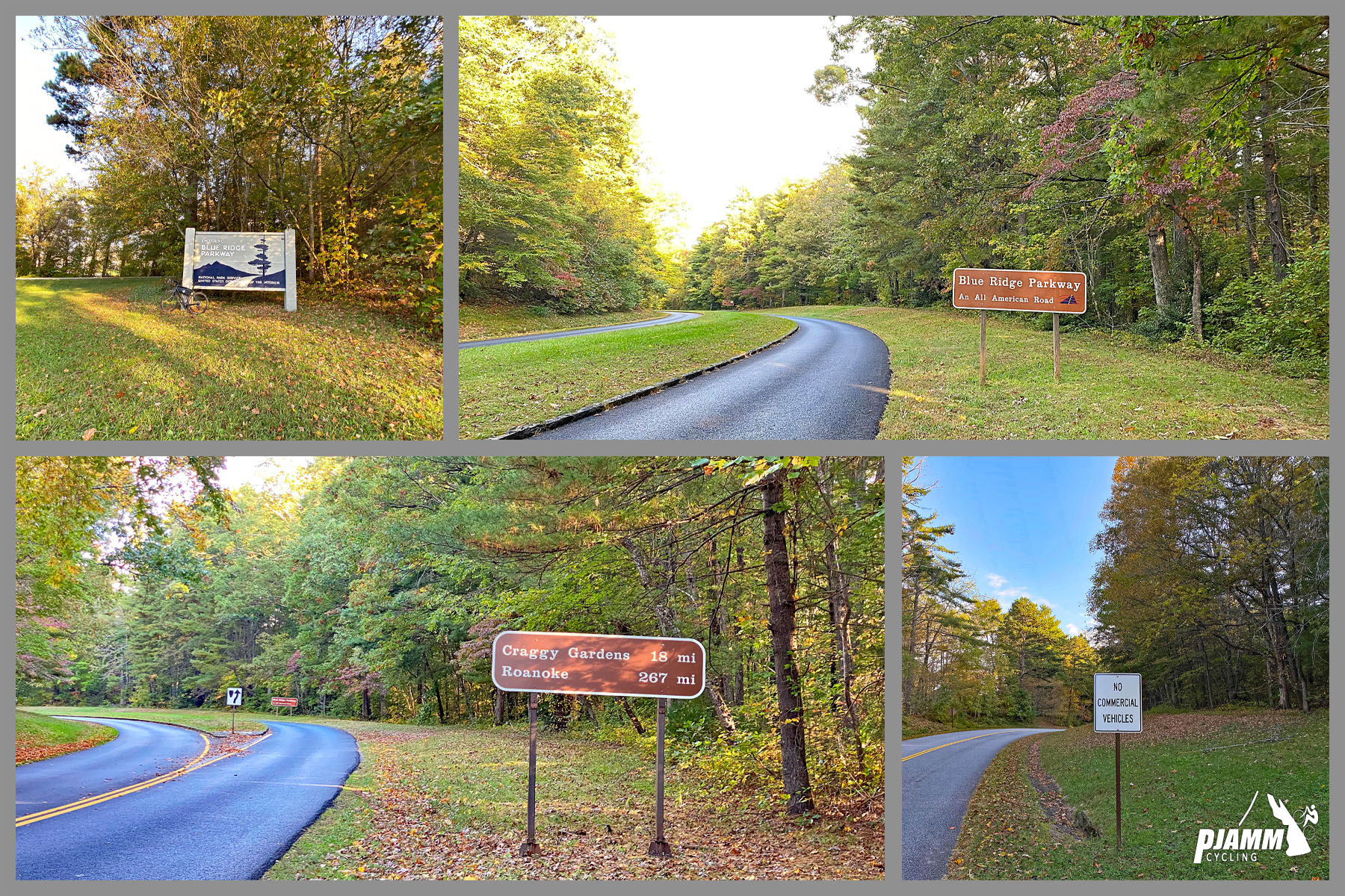Cycling Blue Ridge Parkway to Craggy Gardens - photo collage, signs for Blue Ridge Parkway, sign for Craggy Gardens, PJAMM Cycling logo in corner