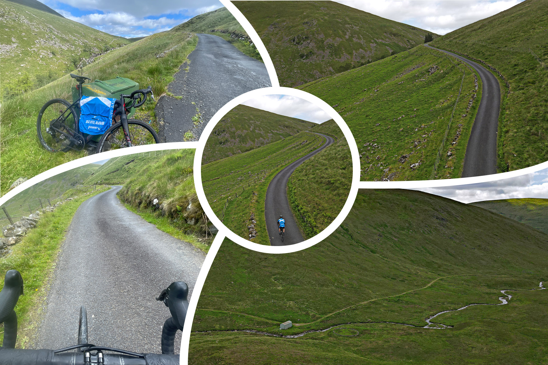 photo collage includes aerial drone view of PJAMM Cyclist riding the Wall of Talla climb