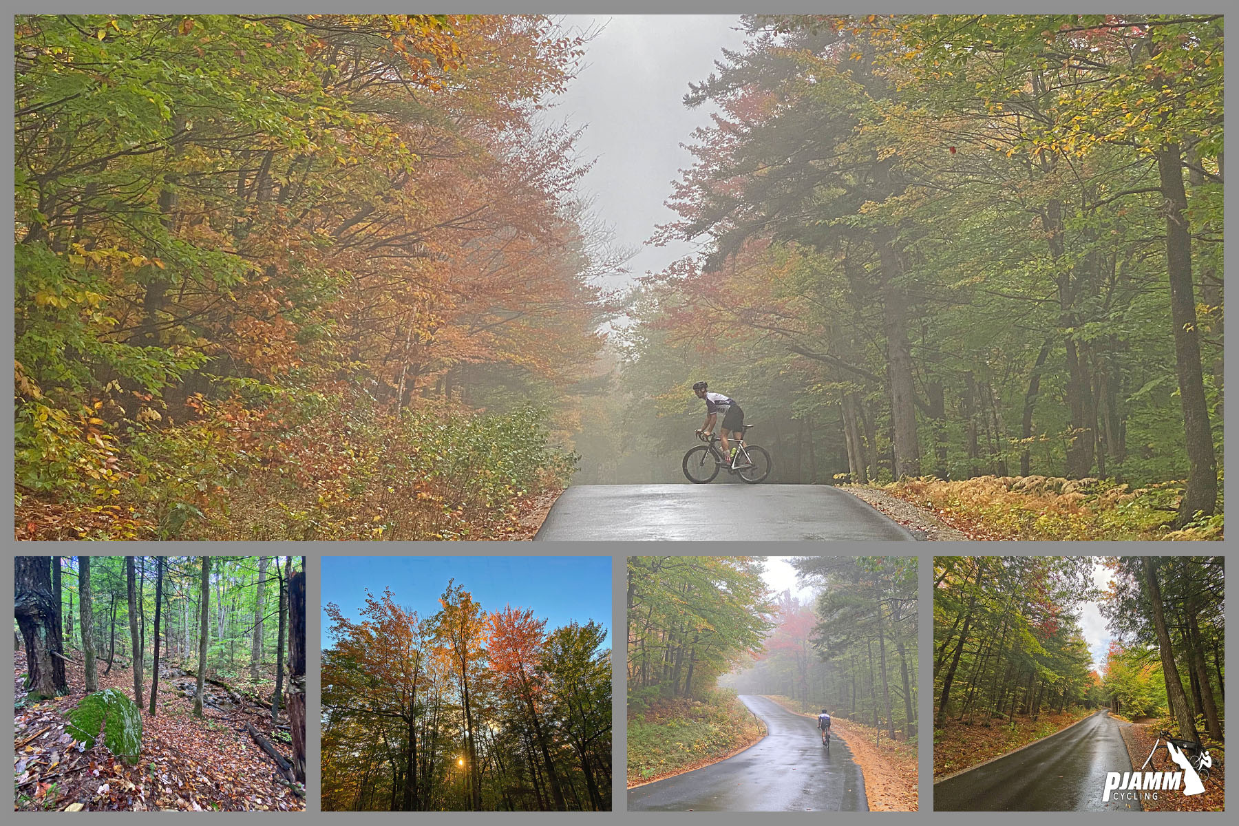 Cycling Hurricane Mountain Road West, New Hampshire - photo collage, cyclist climbing on wet, one-lane roadway in pristine condition, surrounded by dense fall foliage, PJAMM Cycling logo in corner