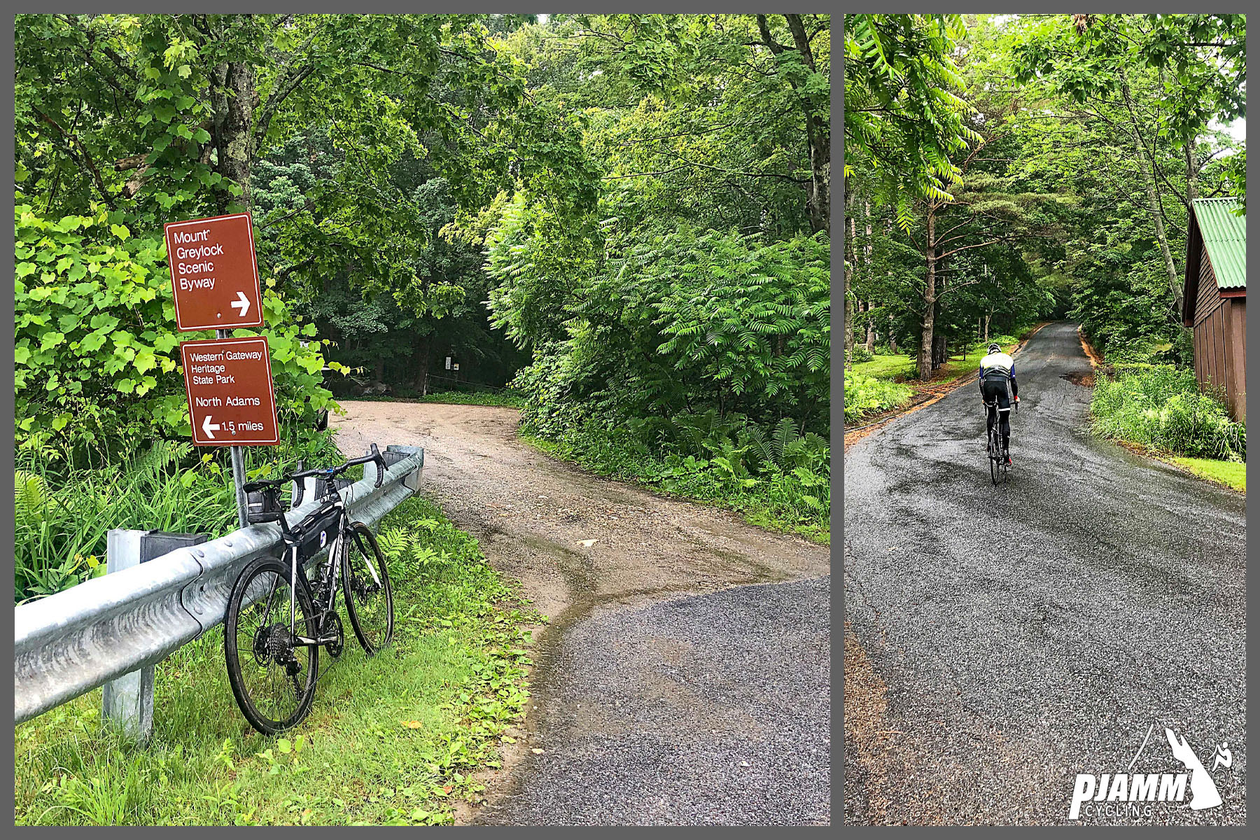 Cycling Mt. Greylock, Massachusetts  - bike parked on guardrail next to sign for Mt. Greylock Scenic Byway, one-lane narrow road surrounded by lush greenery