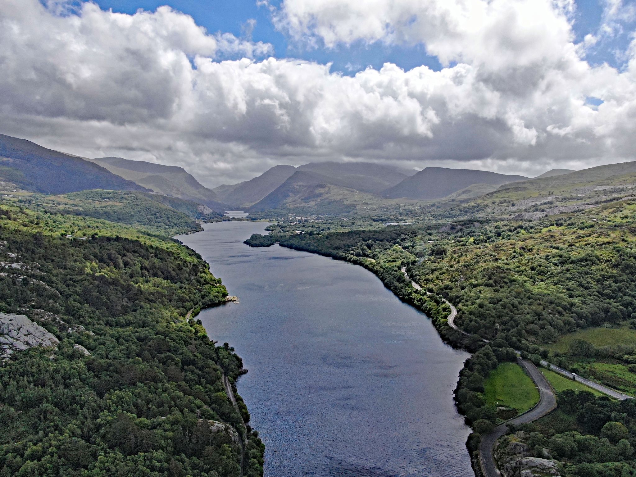 aerial drone view of Llyn Padarn lake, Snowdonia, northern Wales