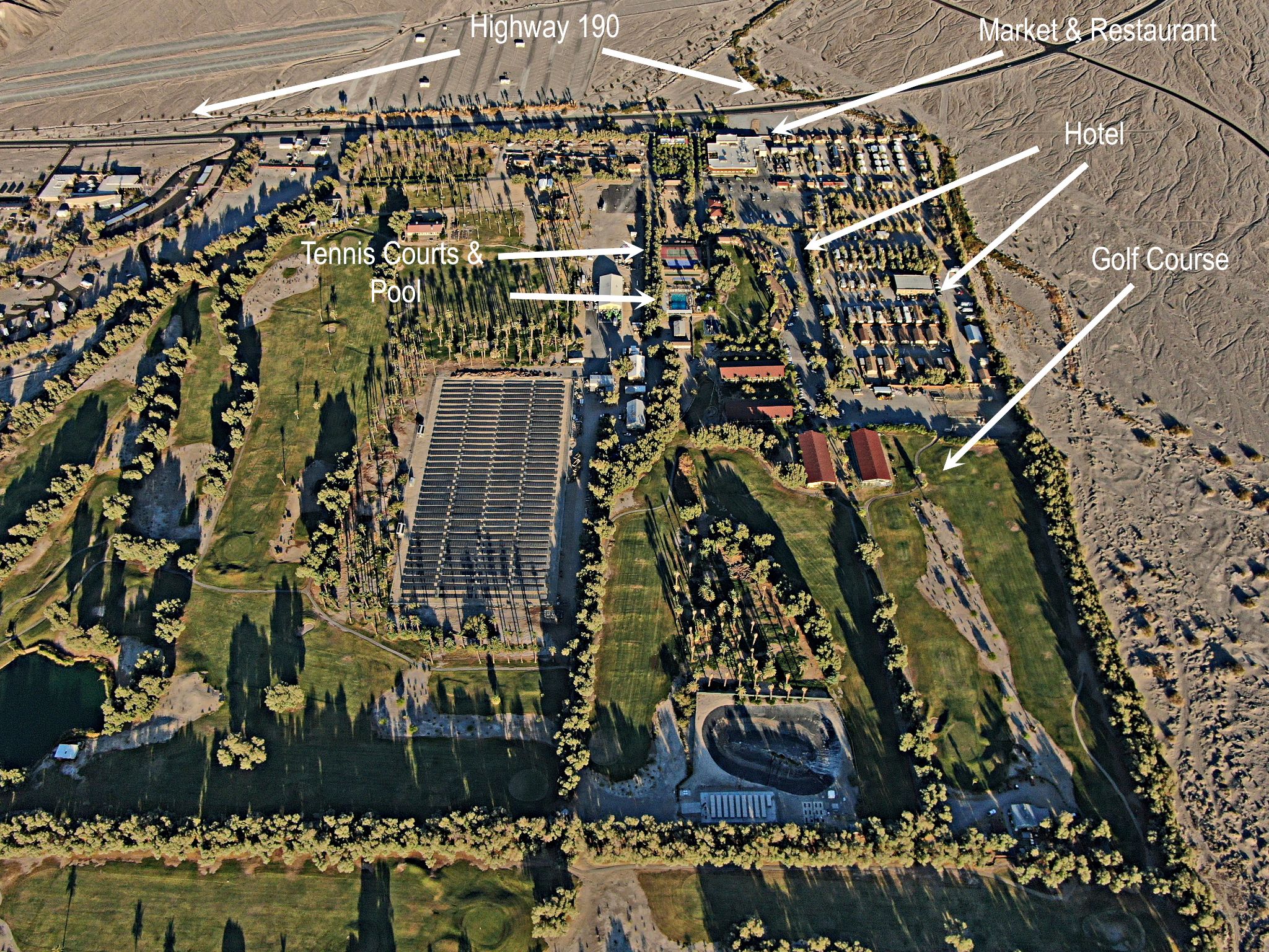 Cycling Death Valley National Park, California - aerial drone photo shows layout of The Ranch at Death Valley