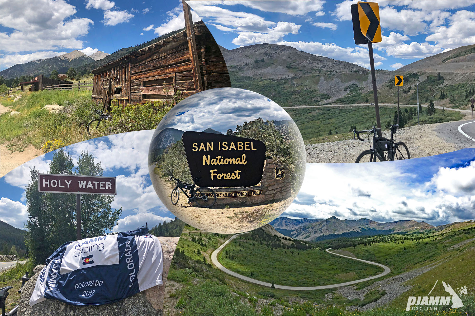 Cycling Cottonwood Pass, Colorado - photo collage, PJAMM Cycling logo in corner, bike parked next to old wooden shack in green pasture, PJAMM Cycling jersey laying on rock in front of sign for Holy Water, bike parked next to NPS sign for San Isabel National Forest, bike parked next to road sign for curve in road, aerial view of large U-shaped curve in road