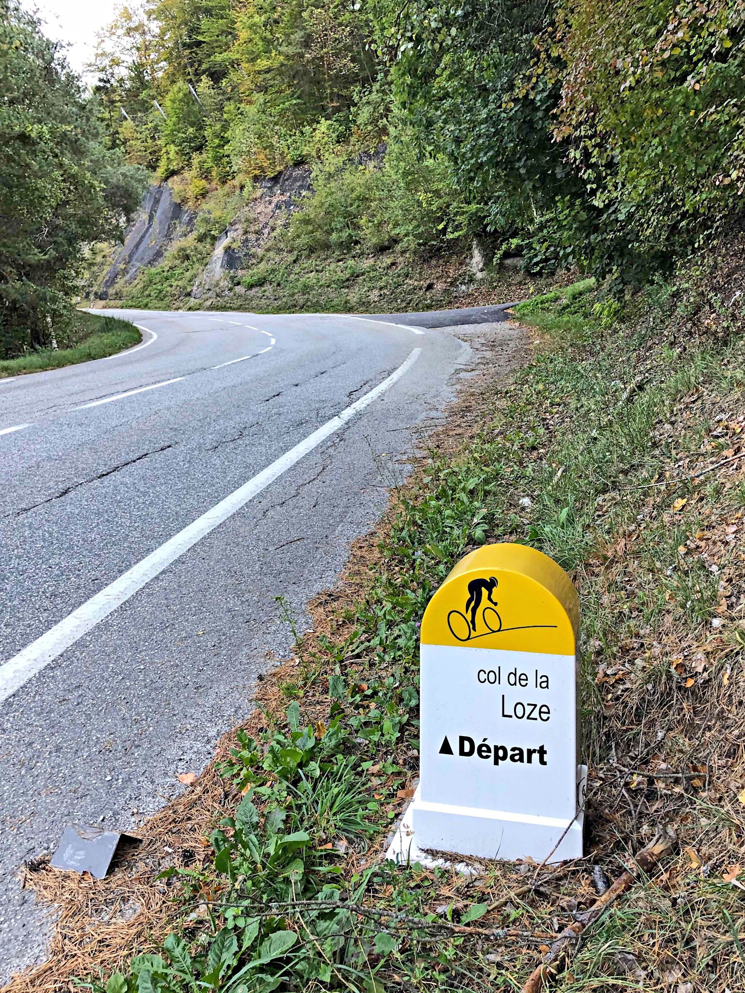 Yellow and white Tour de France kilometer marker at starting location for Col de la Loze, Tour de France 2023