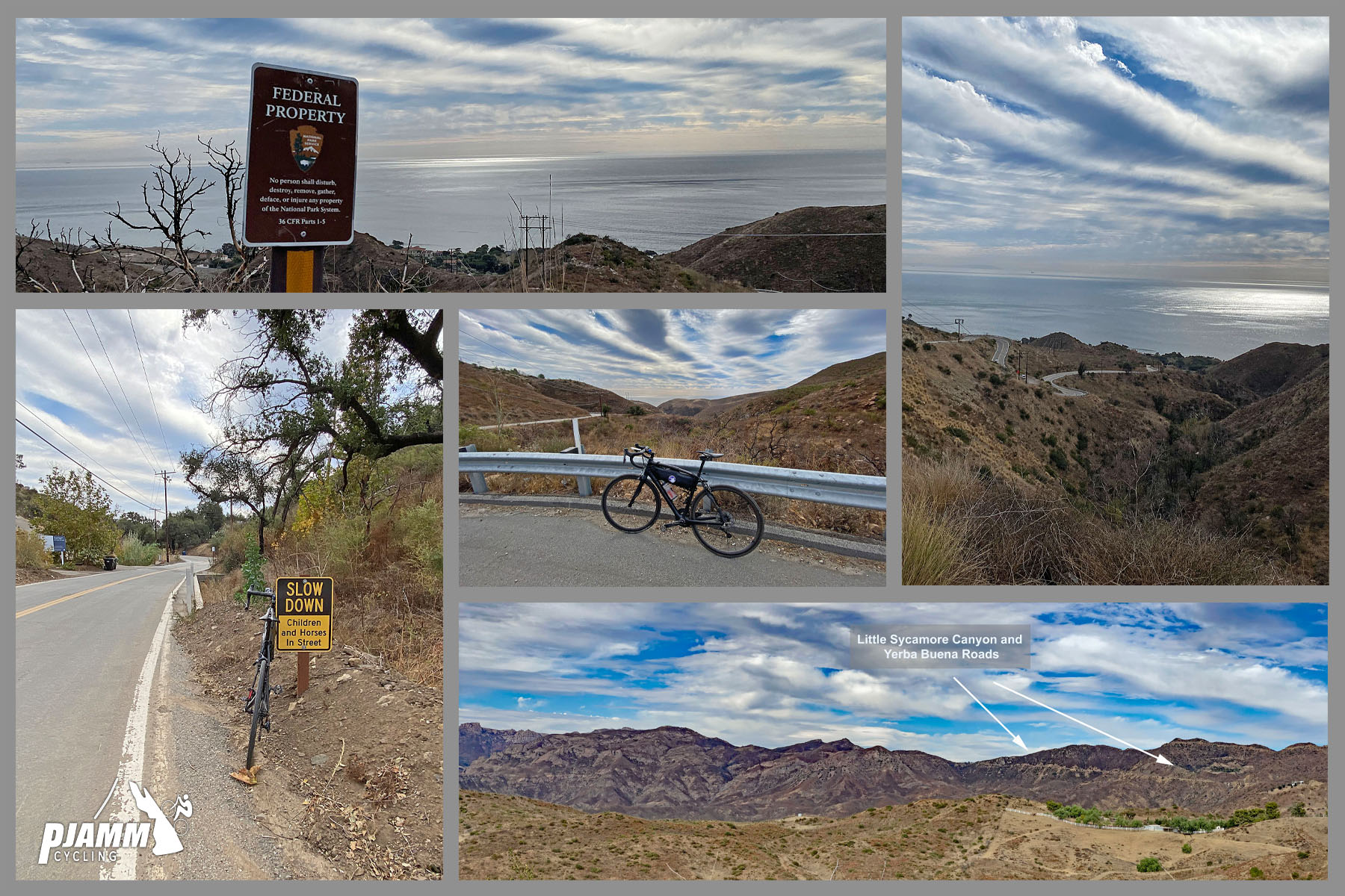 Cycling decker Road to Yerba Buena high point - NPS sign denoting Federal Property, Santa Monica Mountains National Recreation Area