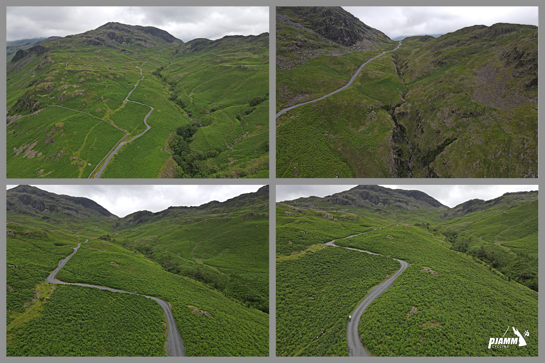 aerial drone views show roadway cutting through lush green hillside