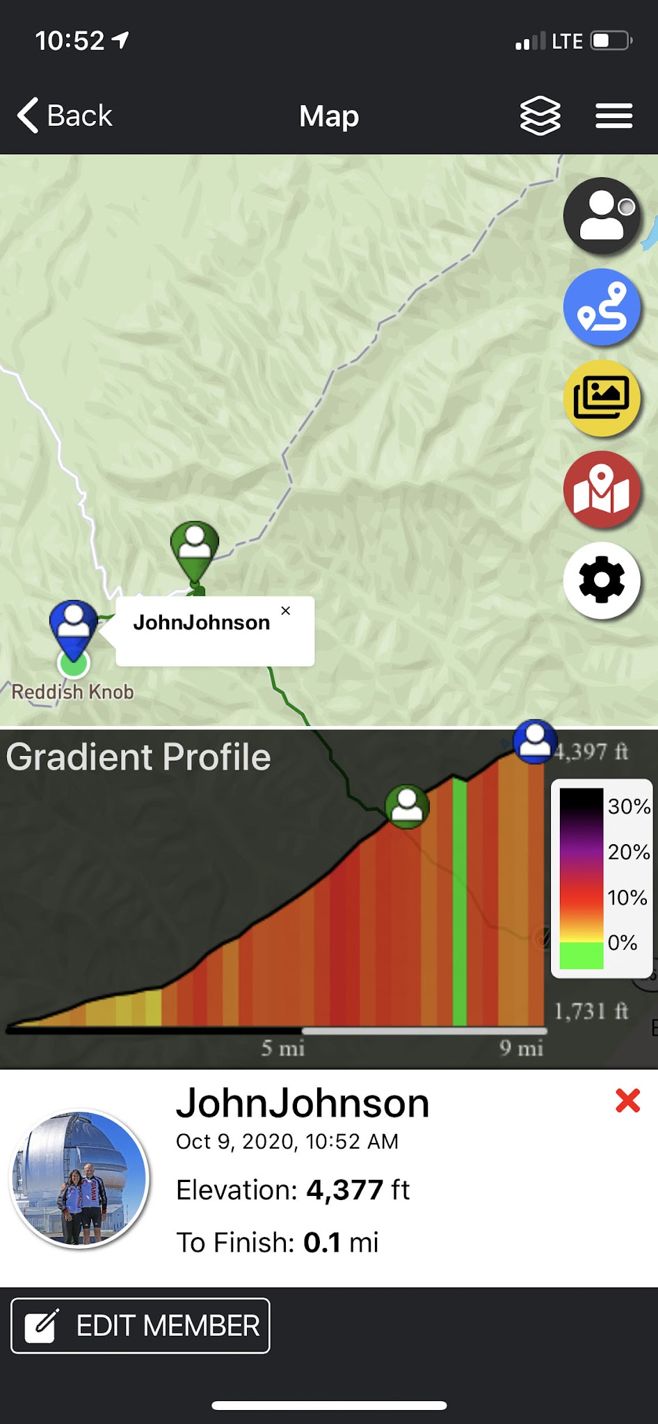 Cycling Reddish Knob, Virginia - PJAMM Adventure App shows climb grade and profile