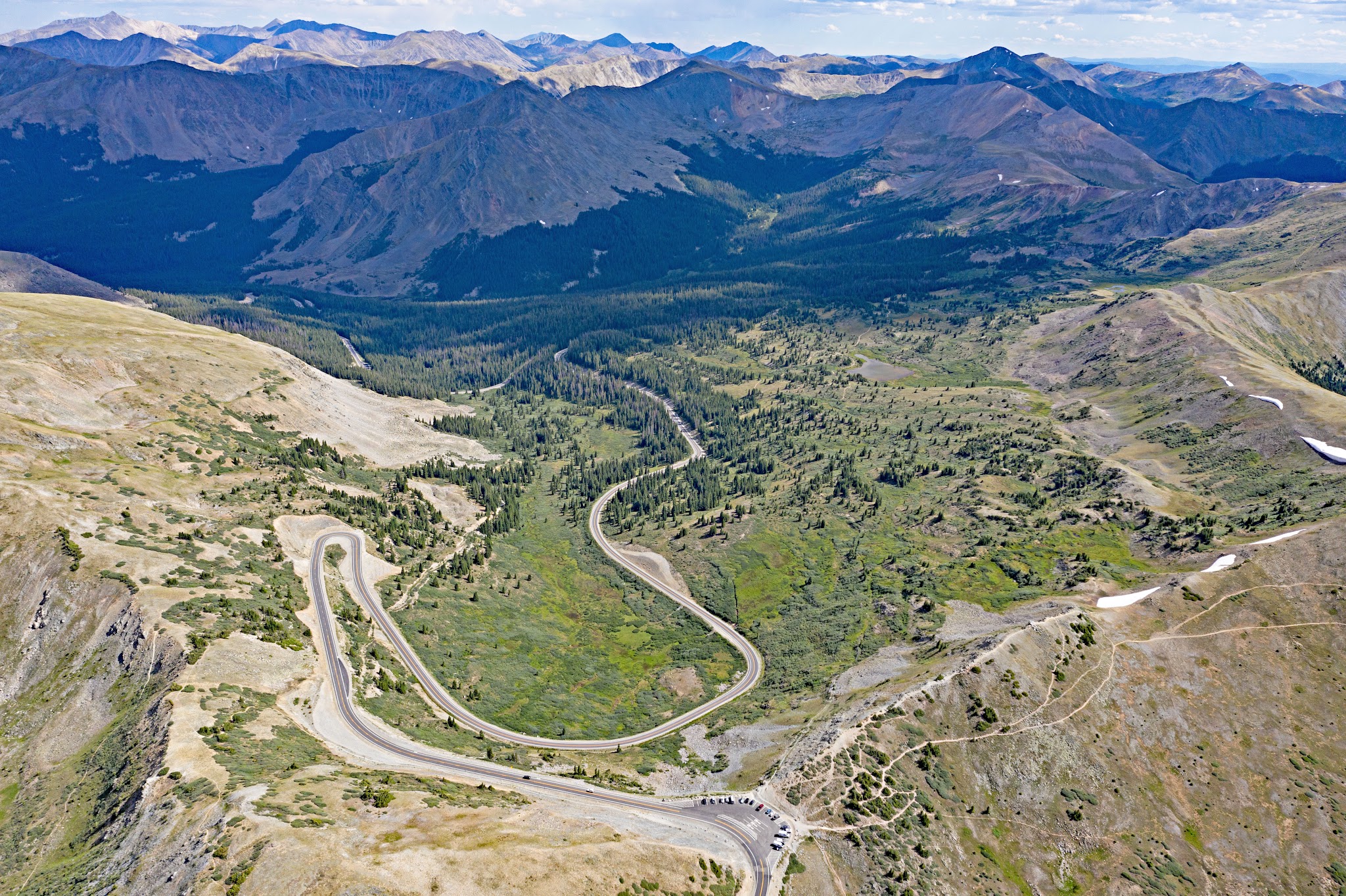 Cycling Cottonwood Pass, Colorado - aerial view of Cottonwood Pass & Continental Divide, showing hairpin leading to the top of climb