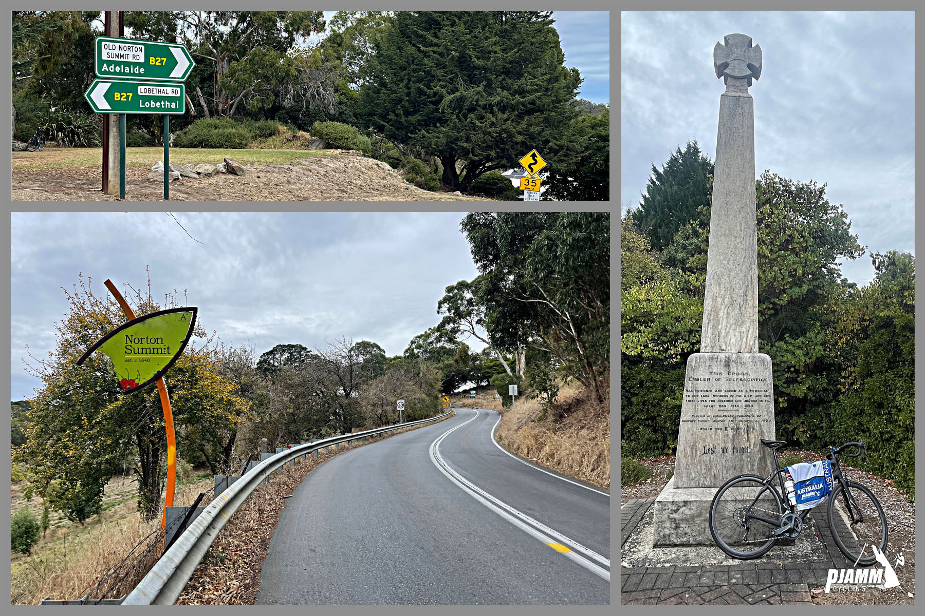 climb summit; road sign reads "Norton Summit," bike parked in front of WWI memorial at intersection of climb finish