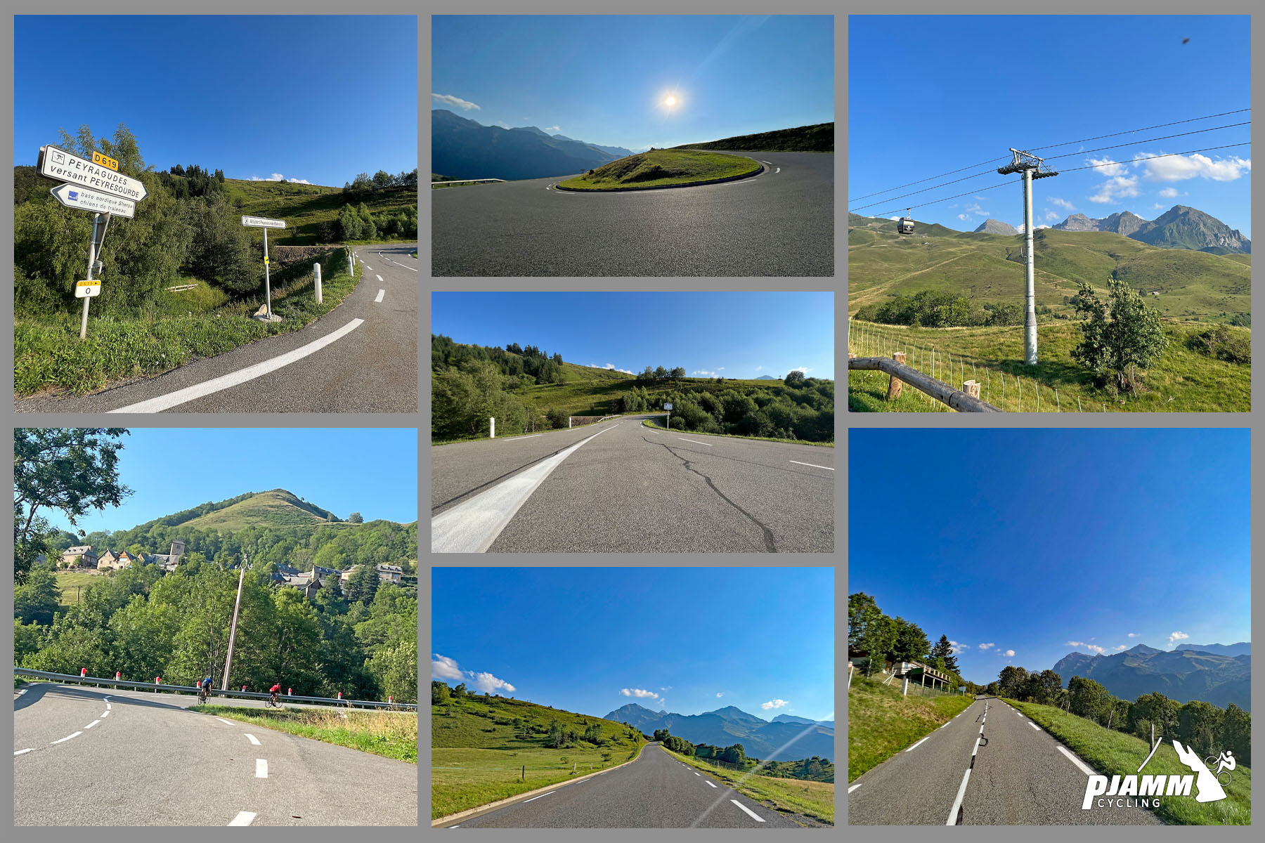 photo collage shows sections of straight roadway, hairpin curves, ski lift