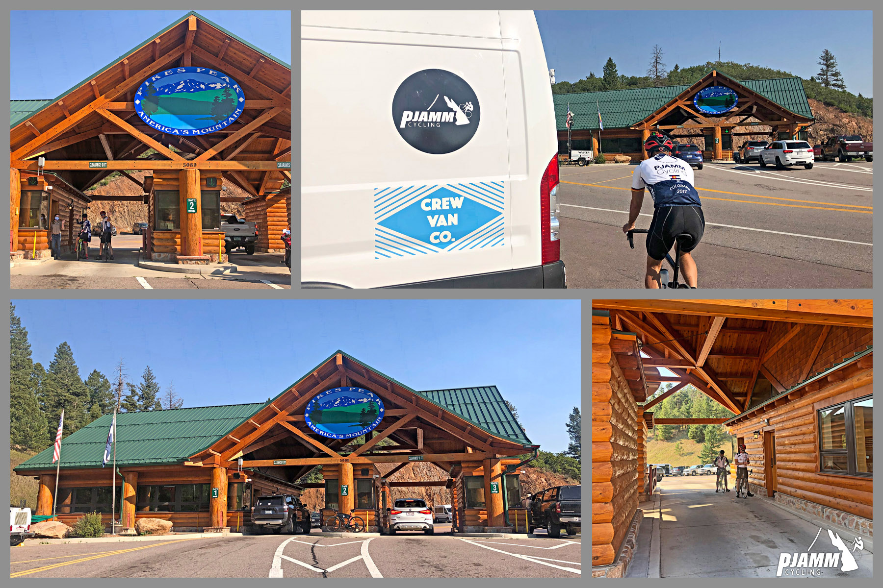 Cycling Pikes Peak - photo collage, PJAMM Cycling logo in corner, entrance to Pike's Peak