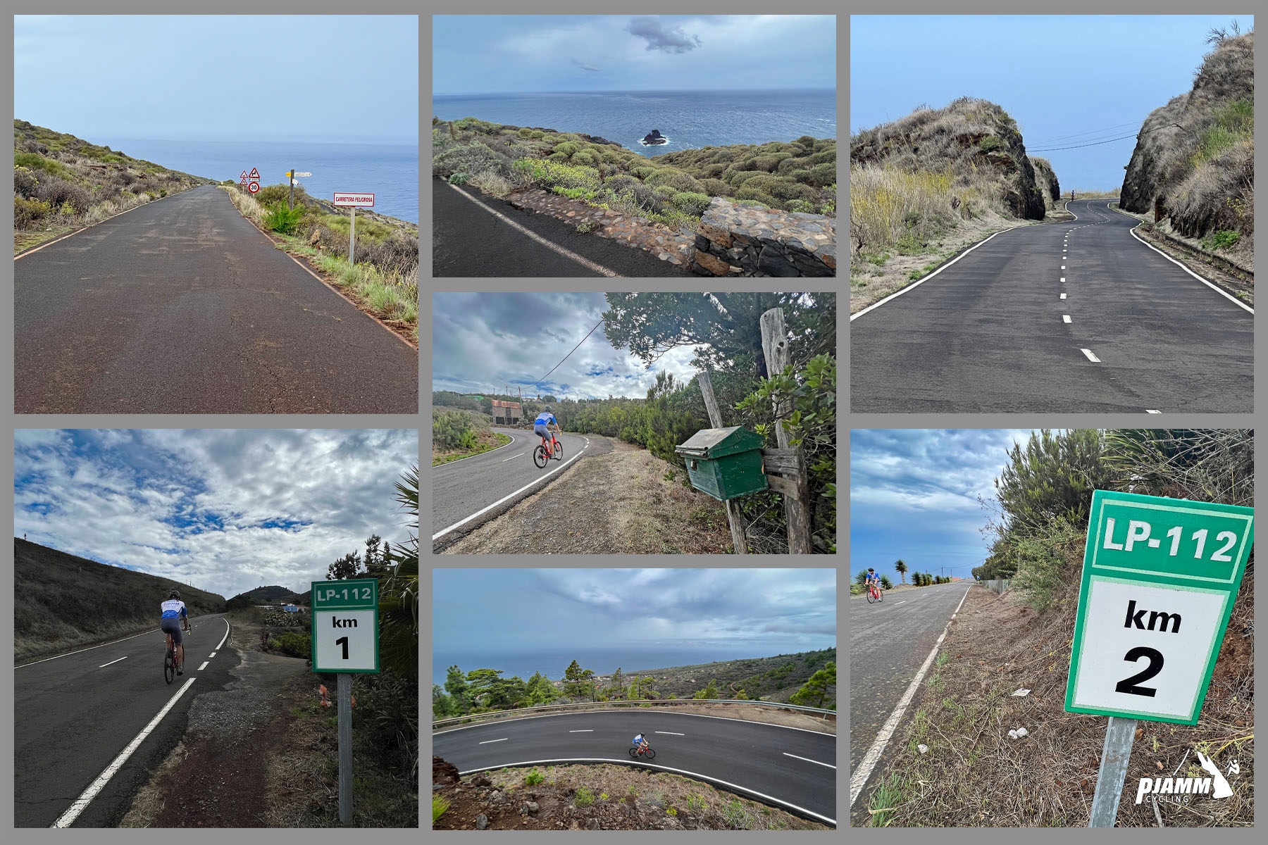 photo collage shows KM markers 1 and 2, PJAMM cyclist rides on coastal highway
